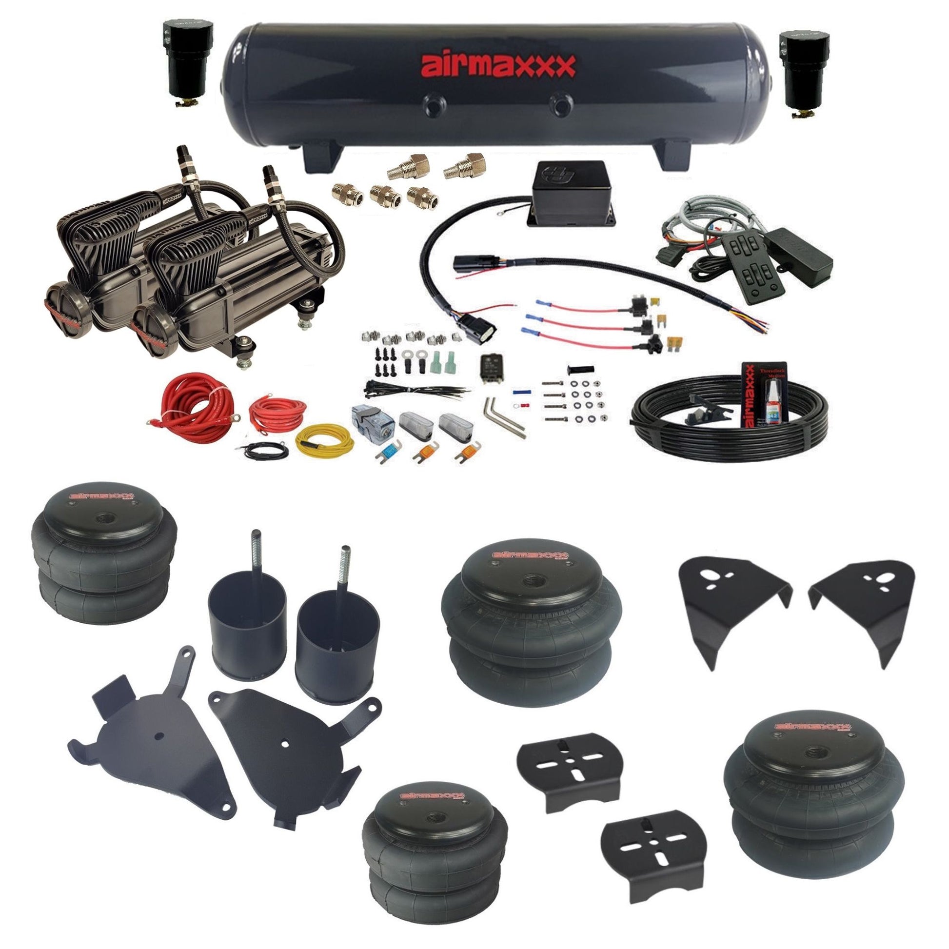 slam sv8c 3/8 dual x-series compressors steel tank bags & airmaxxx brackets air suspension kit fits 1982-2004 chevy s10/S15/Sonoma 2wd S10-XB2-57S-SV8CMC1-WK-HF