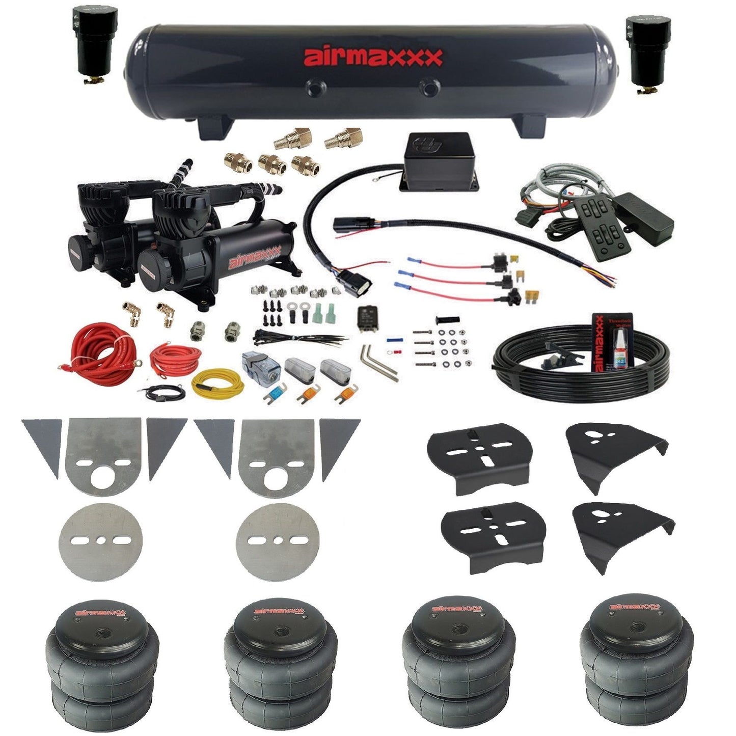 slam sv8c air suspension kit black 580 compressors steel tank 2500 bags & airmaxxx brackets for toyota pickup KTOR-580B2-57S-SV8CMC1-WK-HF