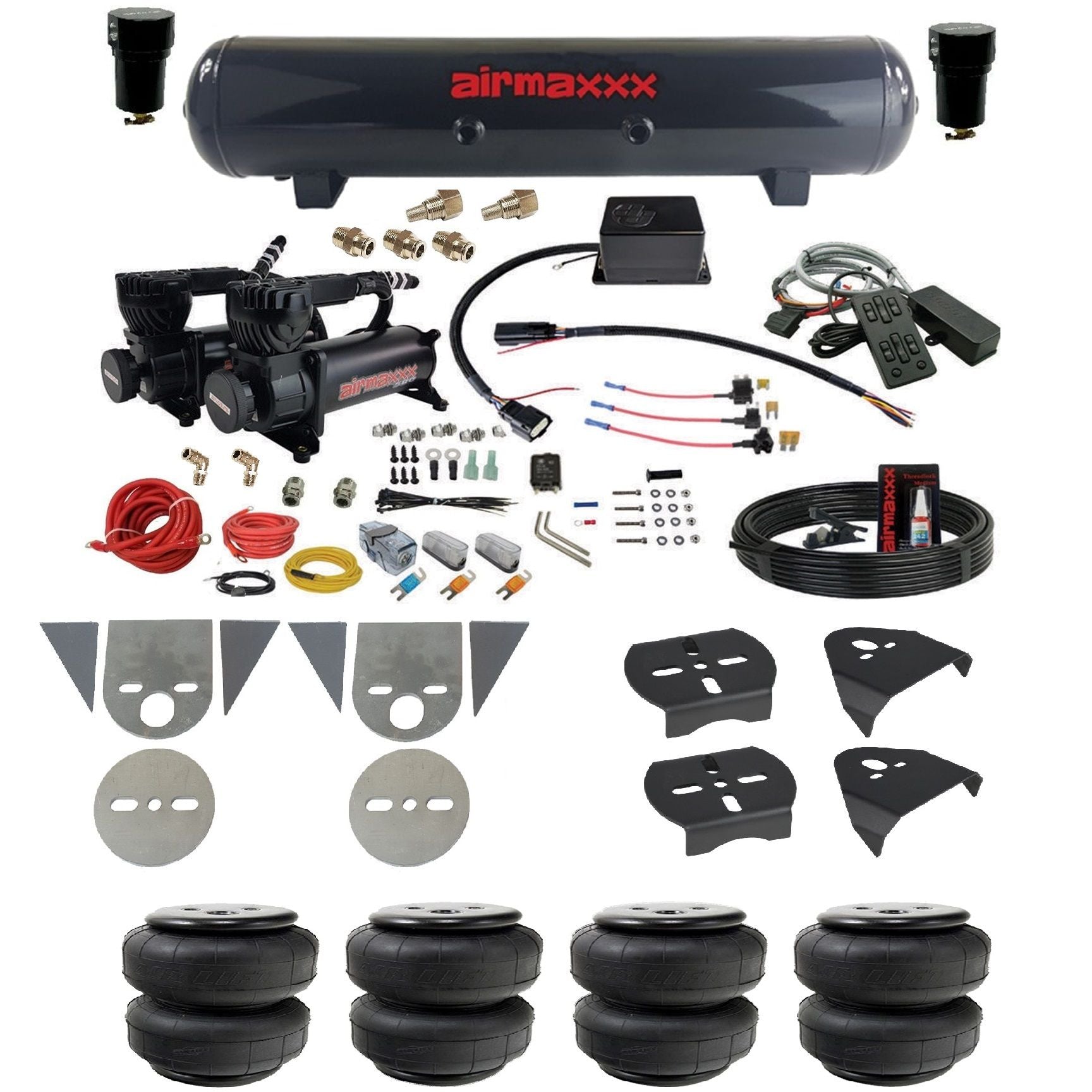 slam sv8c air suspension kit black 580 compressors steel tank airlift bags & airmaxxx brackets for toyota pickup KTOR-580B2-57S-SV8CMC1-WK-HFD25