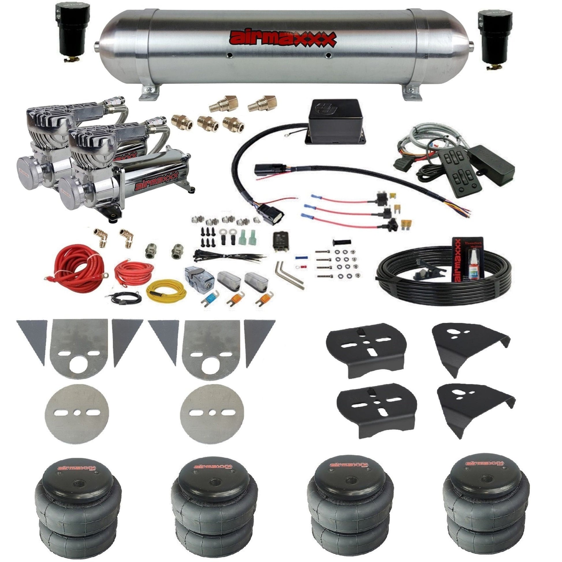 slam sv8c air suspension kit chrome 580 compressors raw aluminum tank 2500 bags & airmaxxx brackets for toyota pickup KTOR-580C2-57ARW-SV8CMC1-WK-HF