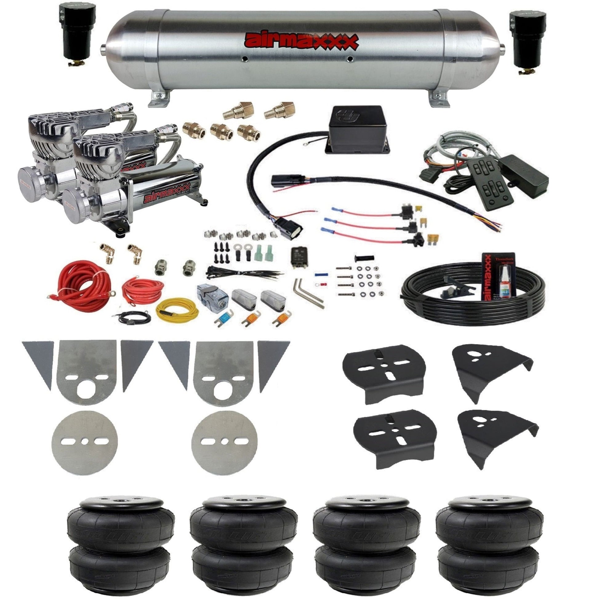 slam sv8c air suspension kit chrome 580 compressors raw aluminum tank airlift bags & airmaxxx brackets for toyota pickup KTOR-580C2-57ARW-SV8CMC1-WK-HFD25