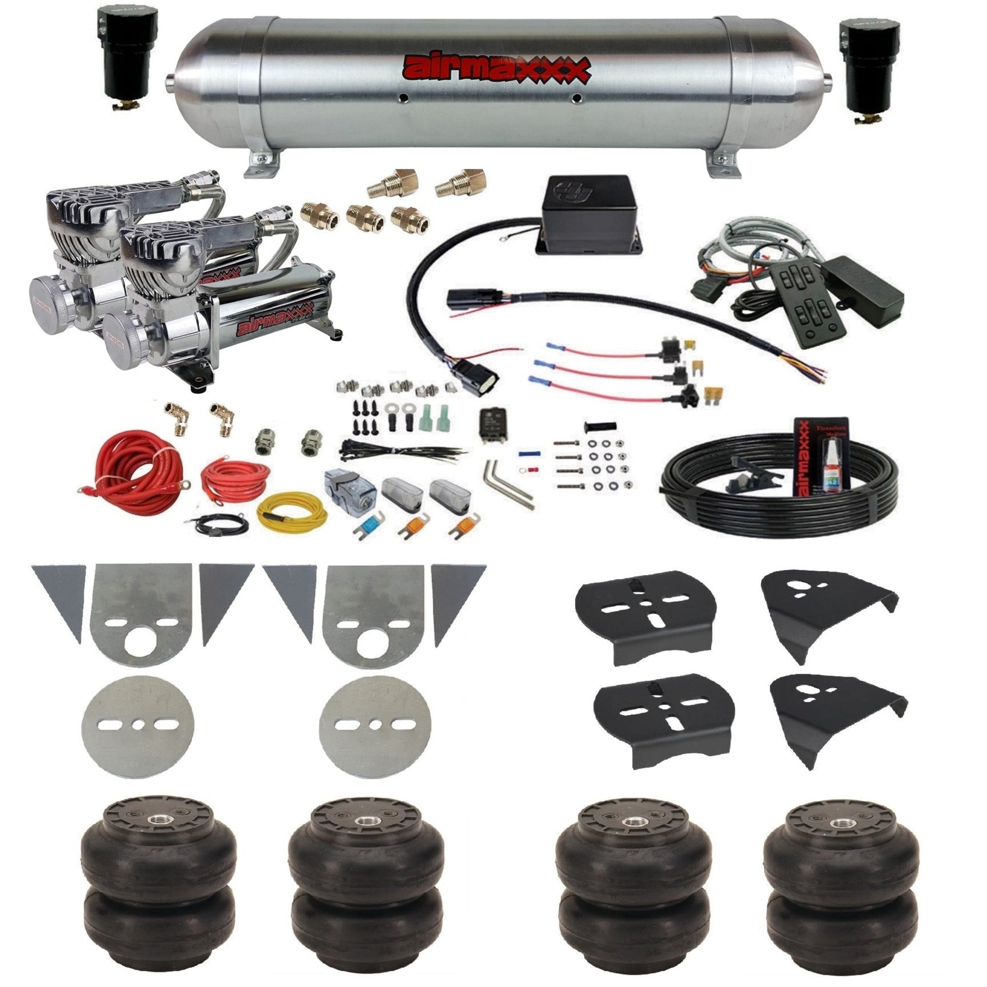 slam sv8c air suspension kit chrome 580 compressors raw aluminum tank slam bags & airmaxxx brackets for toyota pickup KTOR-580C2-57ARW-SV8CMC1-WK-HFSS6