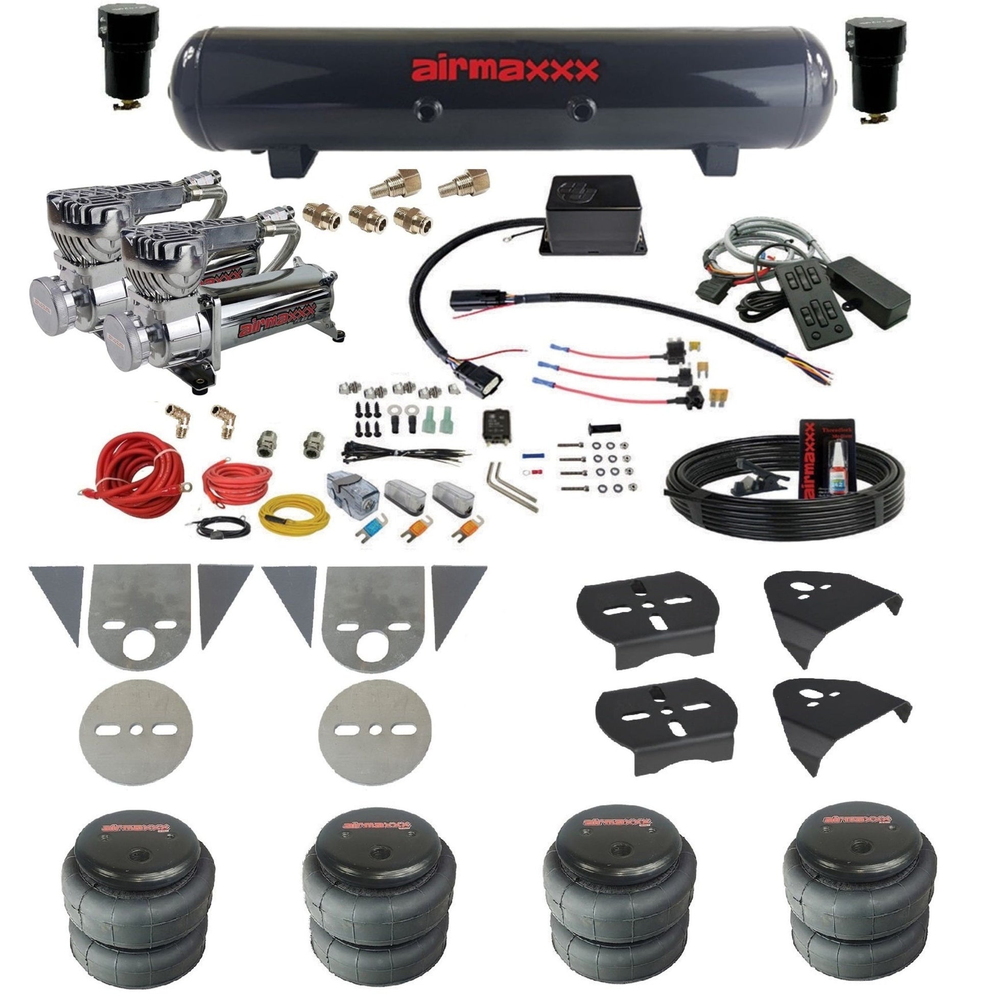 slam sv8c air suspension kit chrome 580 compressors steel tank 2500 bags & airmaxxx brackets for toyota pickup KTOR-580C2-57S-SV8CMC1-WK-HF