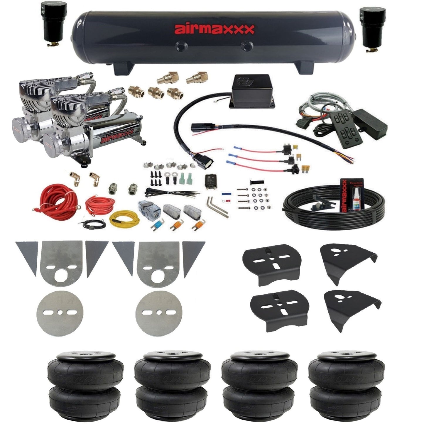 slam sv8c air suspension kit chrome 580 compressors steel tank airlift bags & airmaxxx brackets for toyota pickup KTOR-580C2-57S-SV8CMC1-WK-HFD25