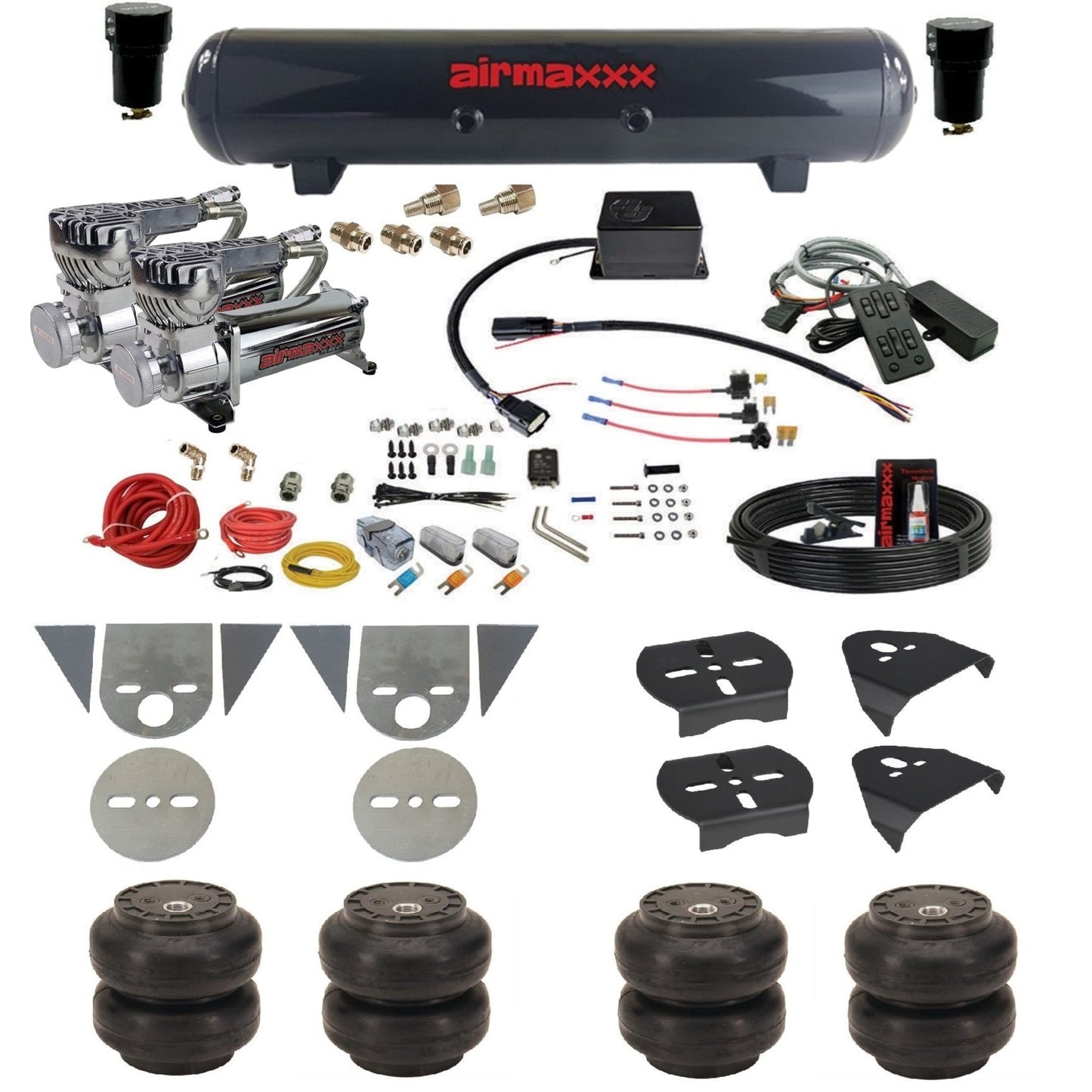 slam sv8c air suspension kit chrome 580 compressors steel tank slam bags & airmaxxx brackets for toyota pickup KTOR-580C2-57S-SV8CMC1-WK-HFSS6