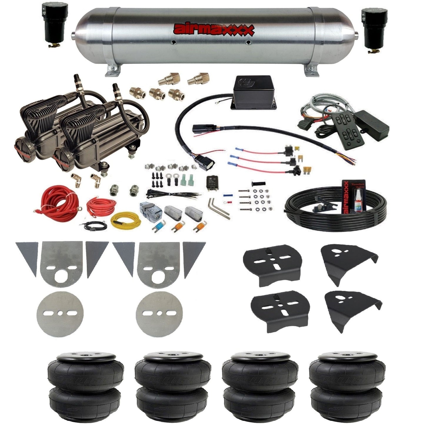 slam sv8c air suspension kit x-series compressors raw aluminum tank airlift bags & airmaxxx brackets for toyota pickup KTOR-XB2-57ARW-SV8CMC1-WK-HFD25