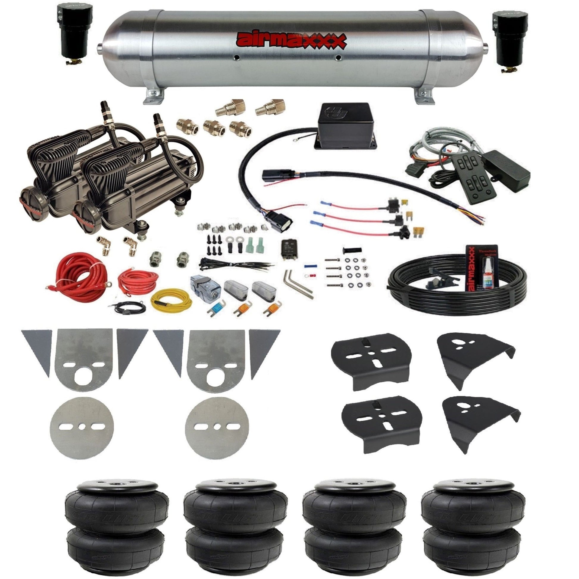 slam sv8c air suspension kit x-series compressors raw aluminum tank airlift bags & airmaxxx brackets for toyota pickup KTOR-XB2-57ARW-SV8CMC1-WK-HFD25