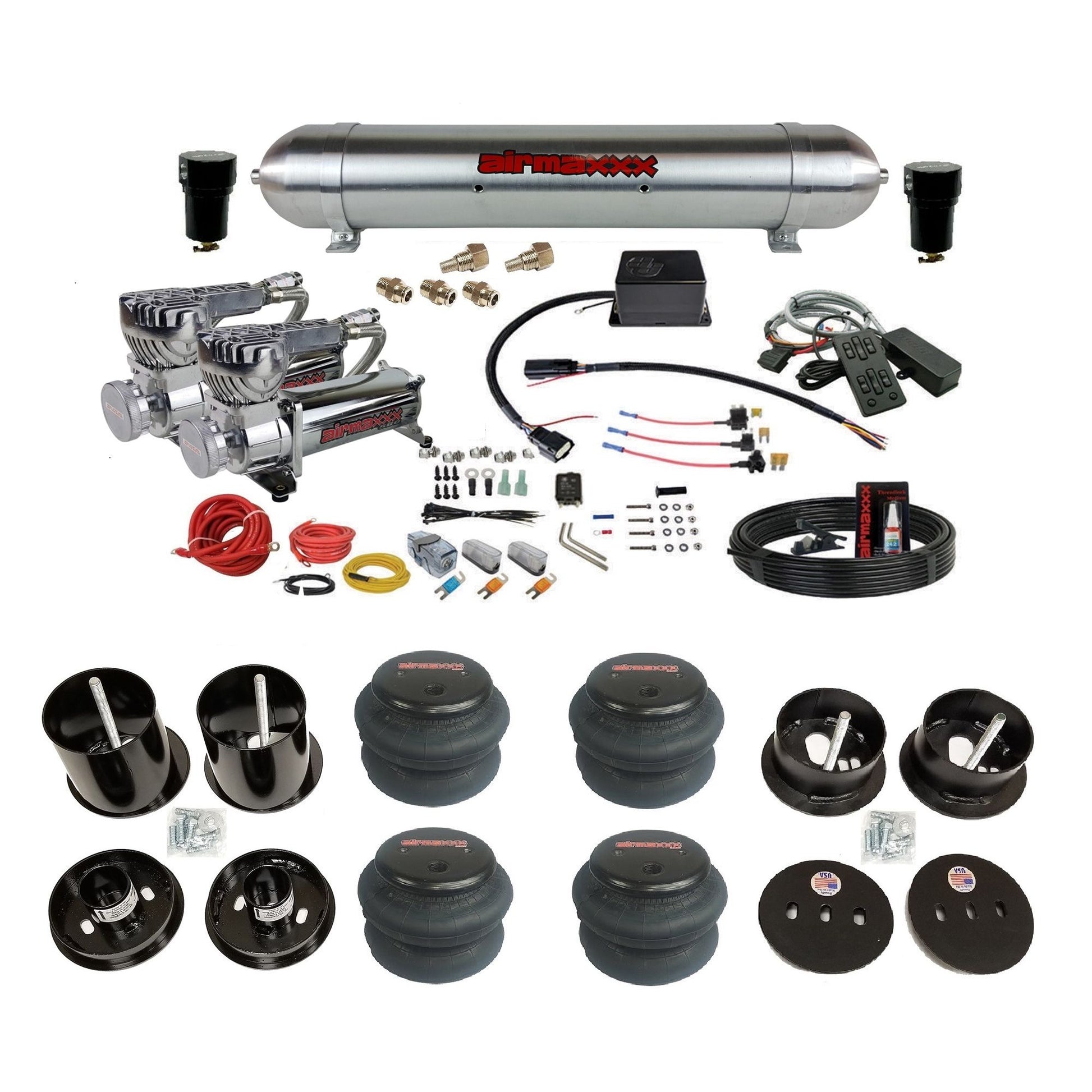 slam sv8c chrome 580 compressors raw aluminum tank 2600 bags air suspension kit for 1963-1964 cadillac deville KCAD63-580C2-57ARW-SV8CMC1-WK-HF