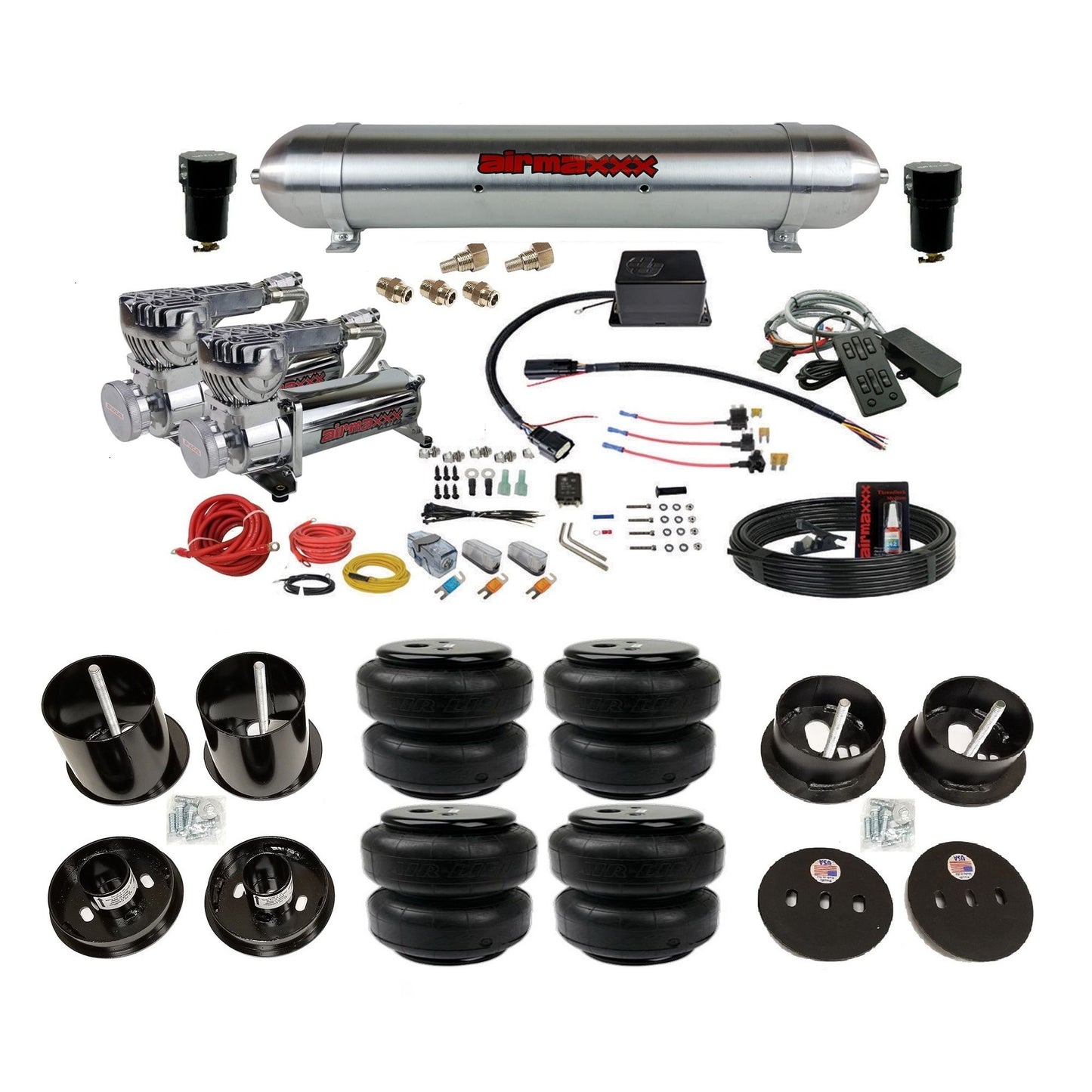 slam sv8c chrome 580 compressors raw aluminum tank airlift bags air suspension kit for 1963-1964 cadillac deville KCAD63-580C2-57ARW-SV8CMC1-WK-HFD25