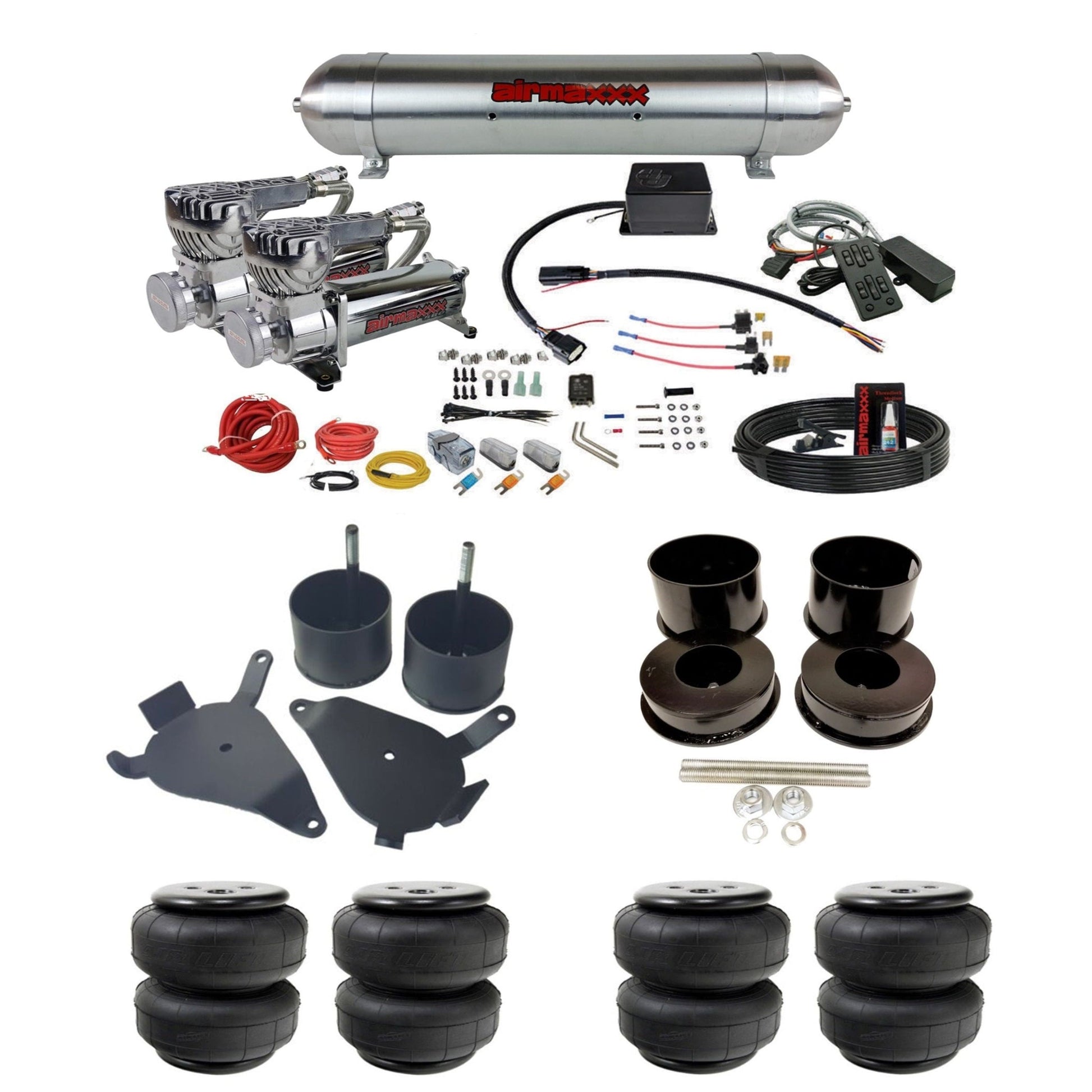 slam sv8c chrome 580 compressors raw aluminum tank airlift bags air suspension kit for 1978 gm g-body cars K-GBODY-580C2-57ARW-SV8C-MC1-WK-HFD25