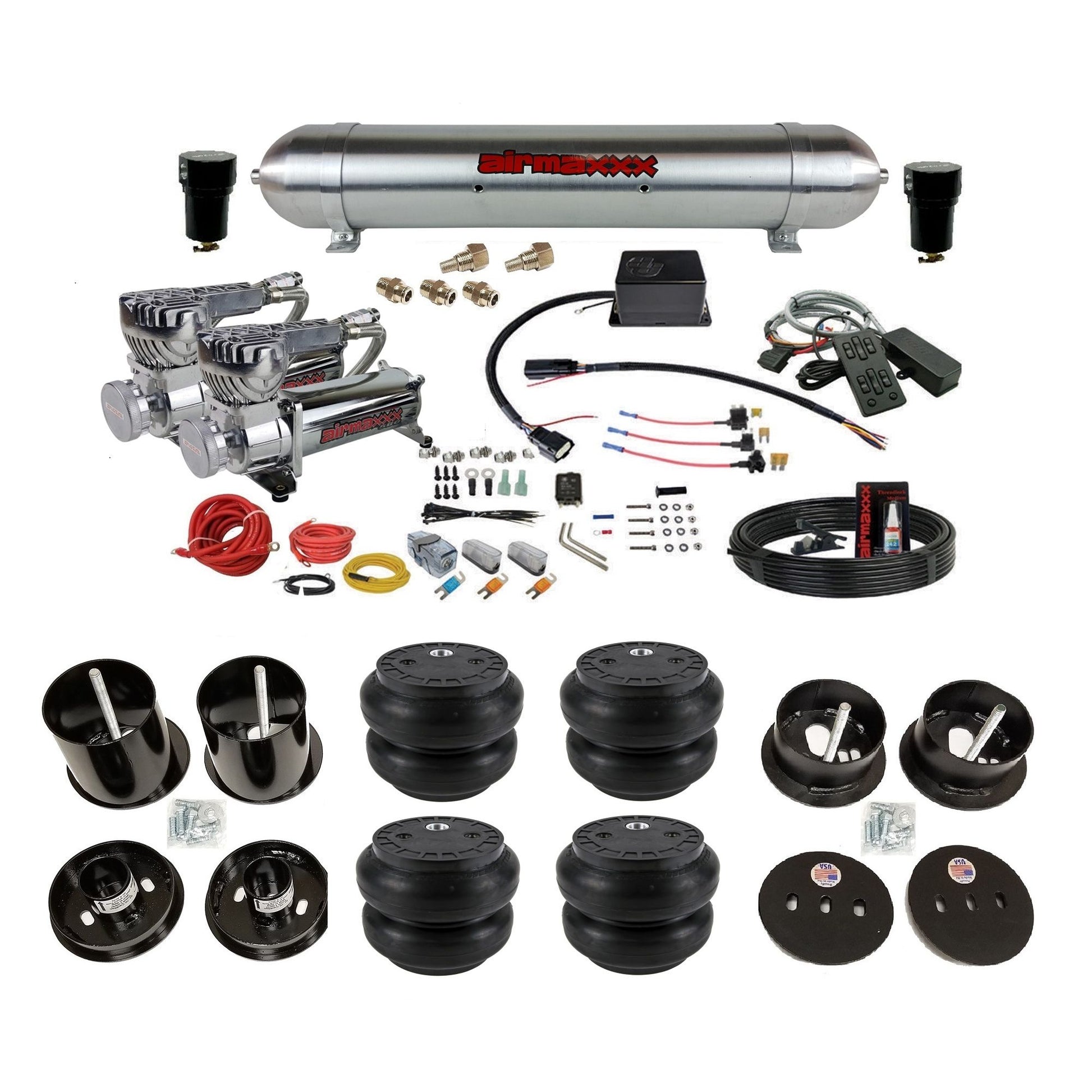 slam sv8c chrome 580 compressors raw aluminum tank slam bags air suspension kit for 1963-1964 cadillac deville KCAD63-580C2-57ARW-SV8CMC1-WK-HFSS7