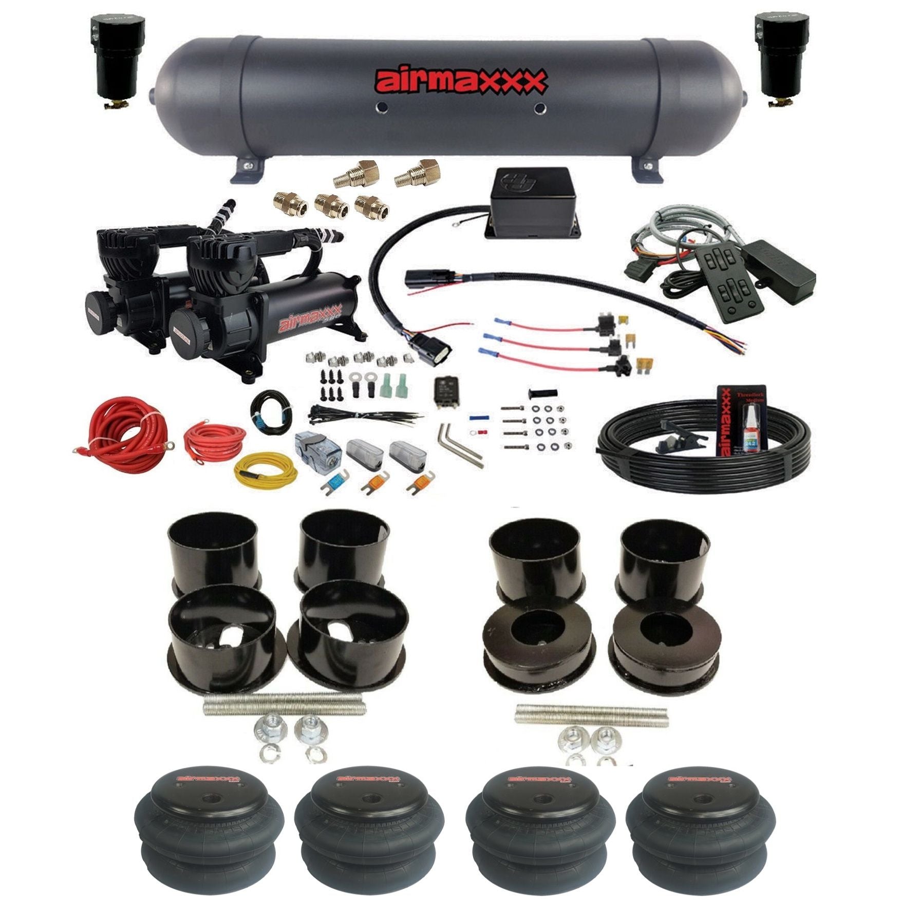 slam sv8c dual black 580 compressors aluminum tank 2600 bags air suspension kit for 1971-96 chevy impala KBBDY-580B2-57ABK-SV8CMC1-WK-HF