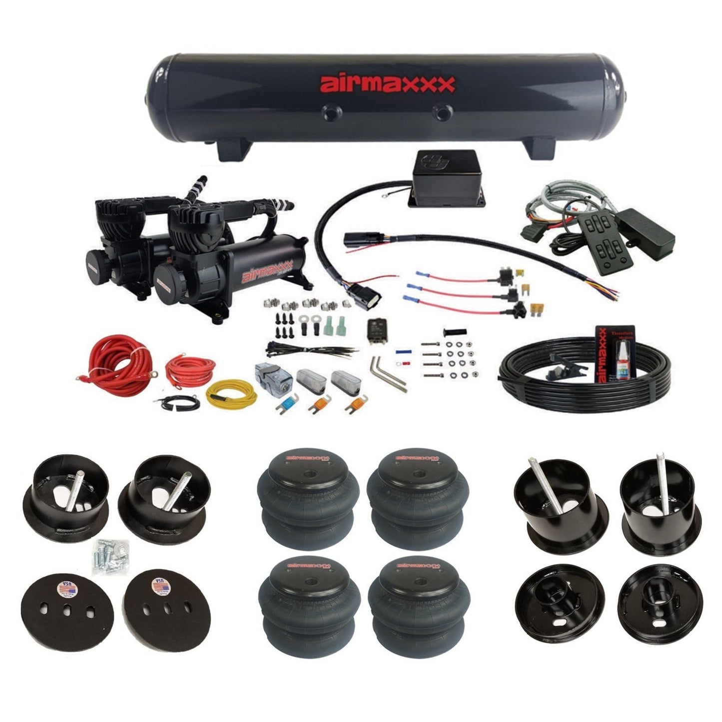 slam sv8c dual black 580 compressors steel tank 2600 bags air suspension kit for 1961-62 cadillac deville K-CAD6162-580B2-57S-SV8C-MC1-WK-HF