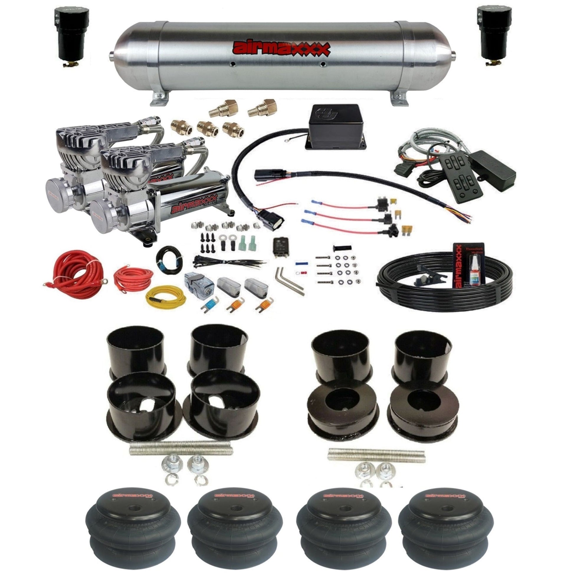 slam sv8c dual chrome 580 compressors raw aluminum tank 2600 bags air suspension kit for 1971-1996 chevy impala KBBDY-580C2-57ARW-SV8CMC1-WK-HF