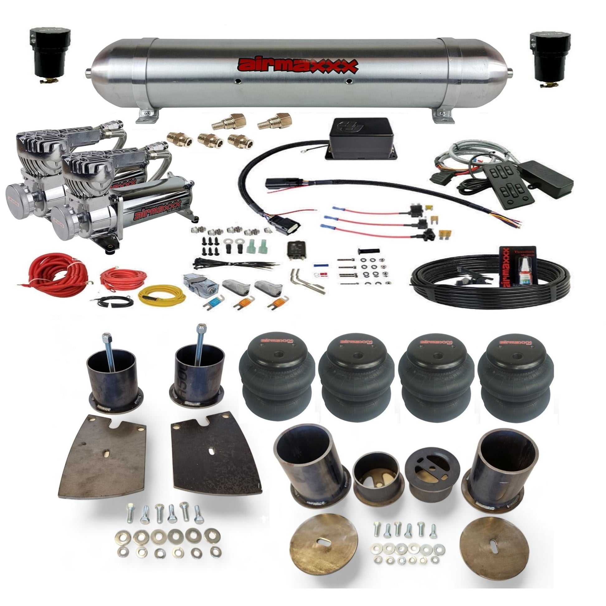slam sv8c dual chrome 580 compressors raw aluminum tank 2600 bags & airmaxxx brackets air suspension kit for 1961 buick lesabre KBUI61-580C2-57ARW-SV8CMC1-WK-HF