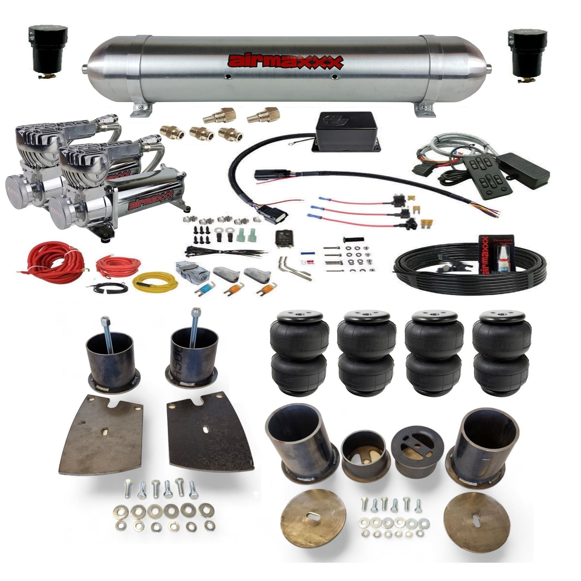 slam sv8c dual chrome 580 compressors raw aluminum tank airlift bags & airmaxxx brackets air suspension kit for 1961 buick lesabre KBUI61-580C2-57ARW-SV8CMC1-WK-HFD25