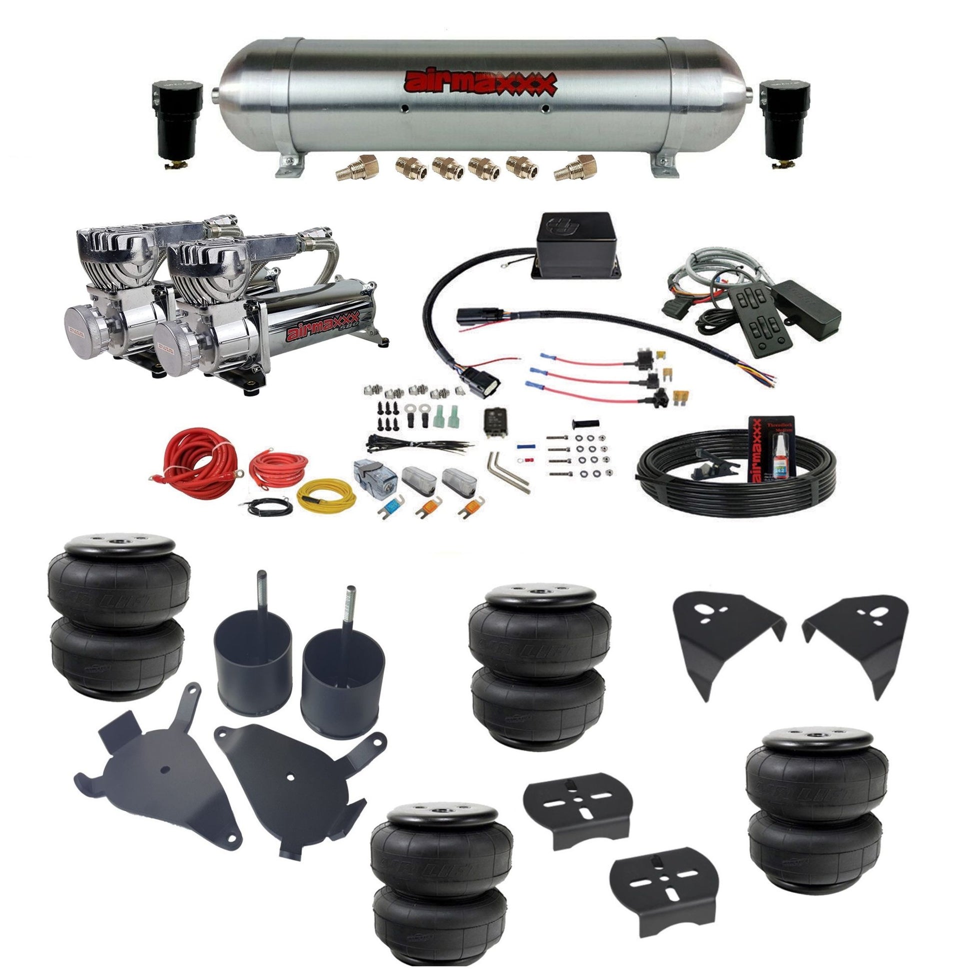 slam sv8c dual chrome 580 compressors raw aluminum tank airlift bags & airmaxxx brackets air suspension kit for 1982-2004 chevy s10/S15/Sonoma 2wd KS10-580C2-57ARW-SV8CMC1-WK-HFD25