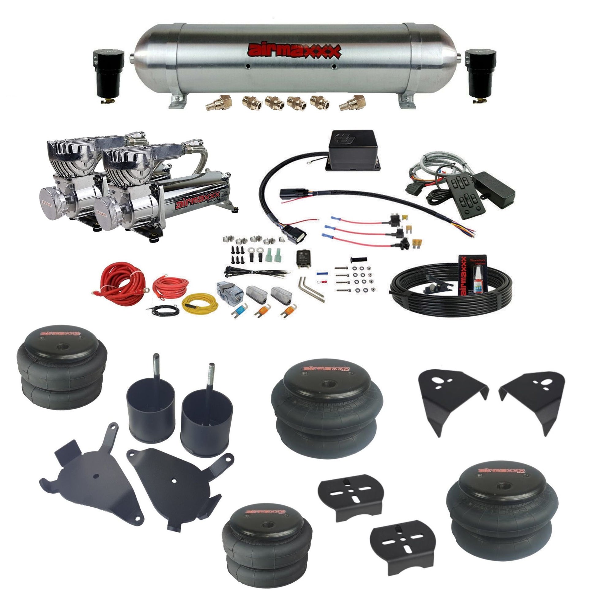 slam sv8c dual chrome 580 compressors raw aluminum tank bags & airmaxxx brackets air suspension kit for 1982-2004 chevy s10/S15/Sonoma 2wd KS10-580C2-57ARW-SV8CMC1-WK-HF