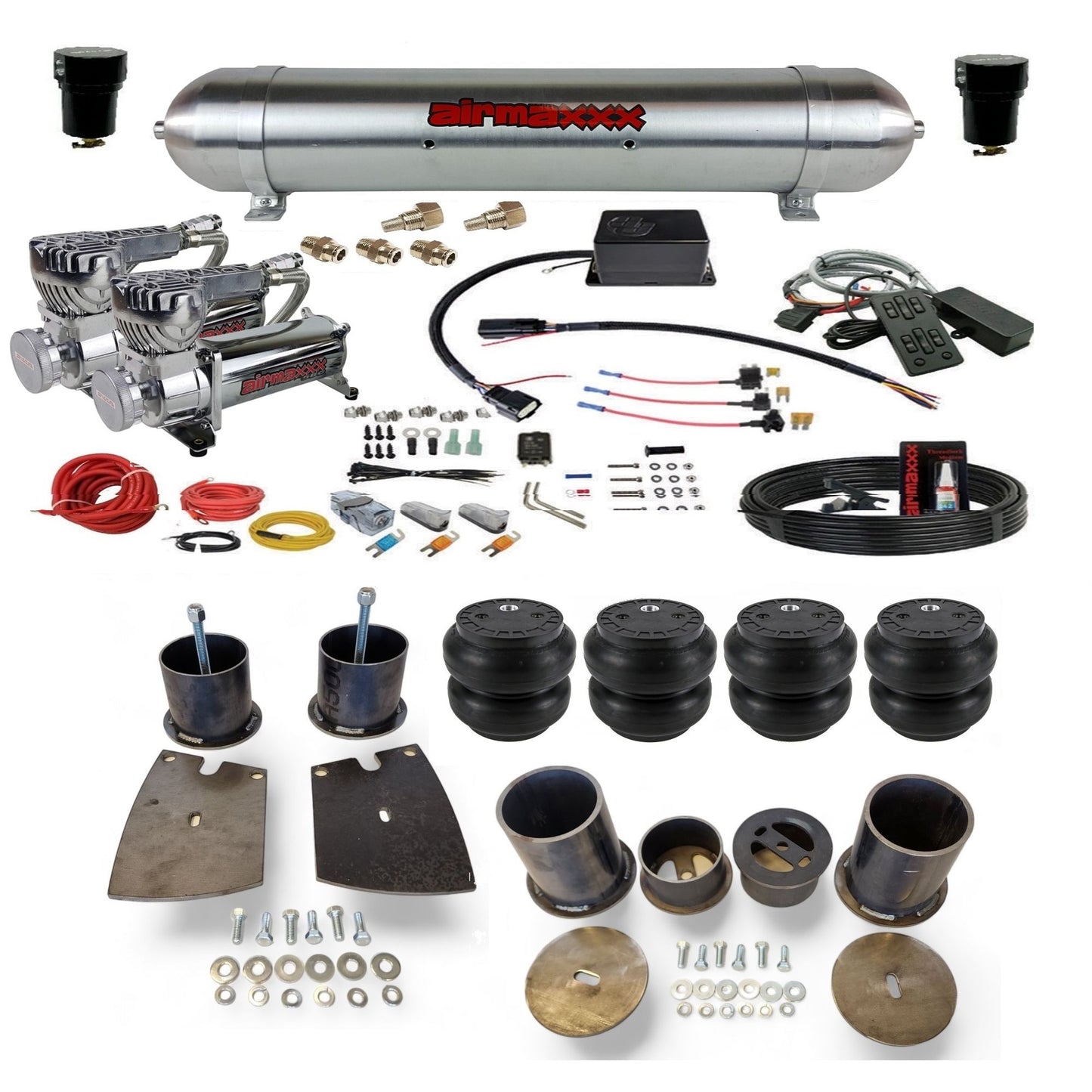 slam sv8c dual chrome 580 compressors raw aluminum tank slam bags & airmaxxx brackets air suspension kit for 1961 buick lesabre KBUI61-580C2-57ARW-SV8CMC1-WK-HFSS7