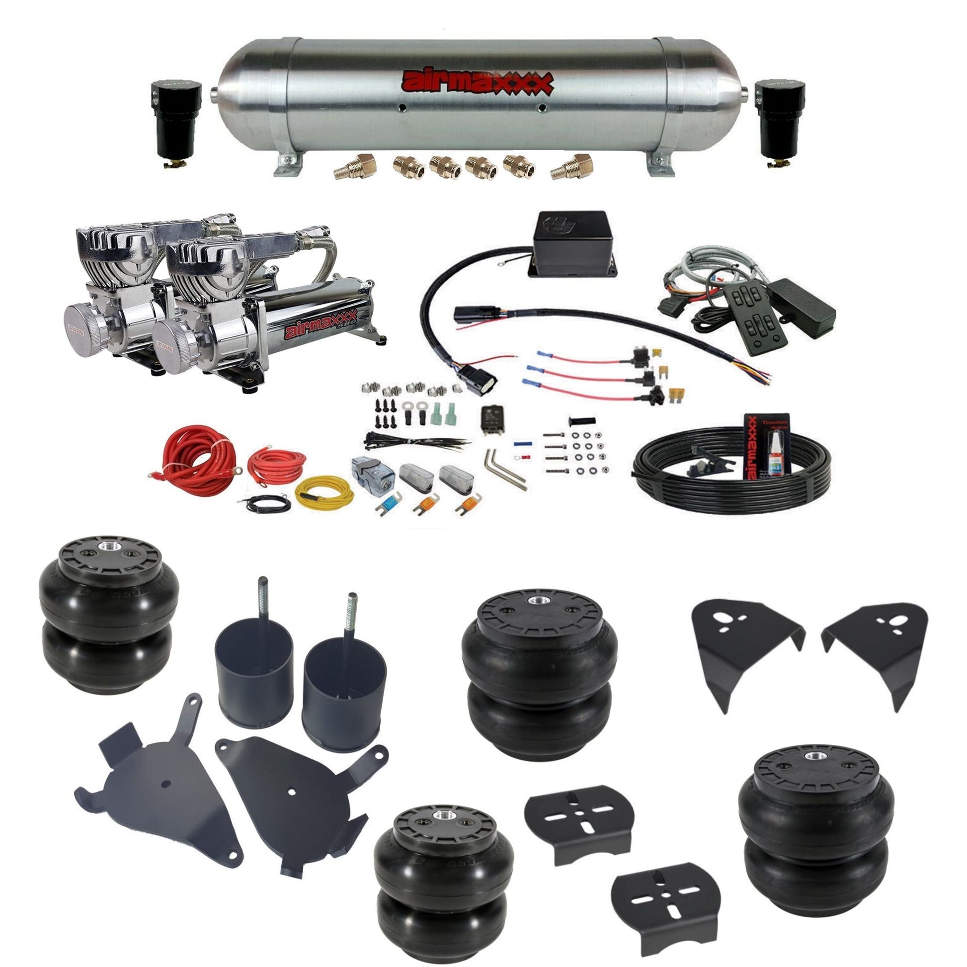 slam sv8c dual chrome 580 compressors raw aluminum tank slam bags & airmaxxx brackets air suspension kit for 1982-2004 chevy s10/S15/Sonoma 2wd KS10-580C2-57ARW-SV8CMC1-WK-HFSS6SS7