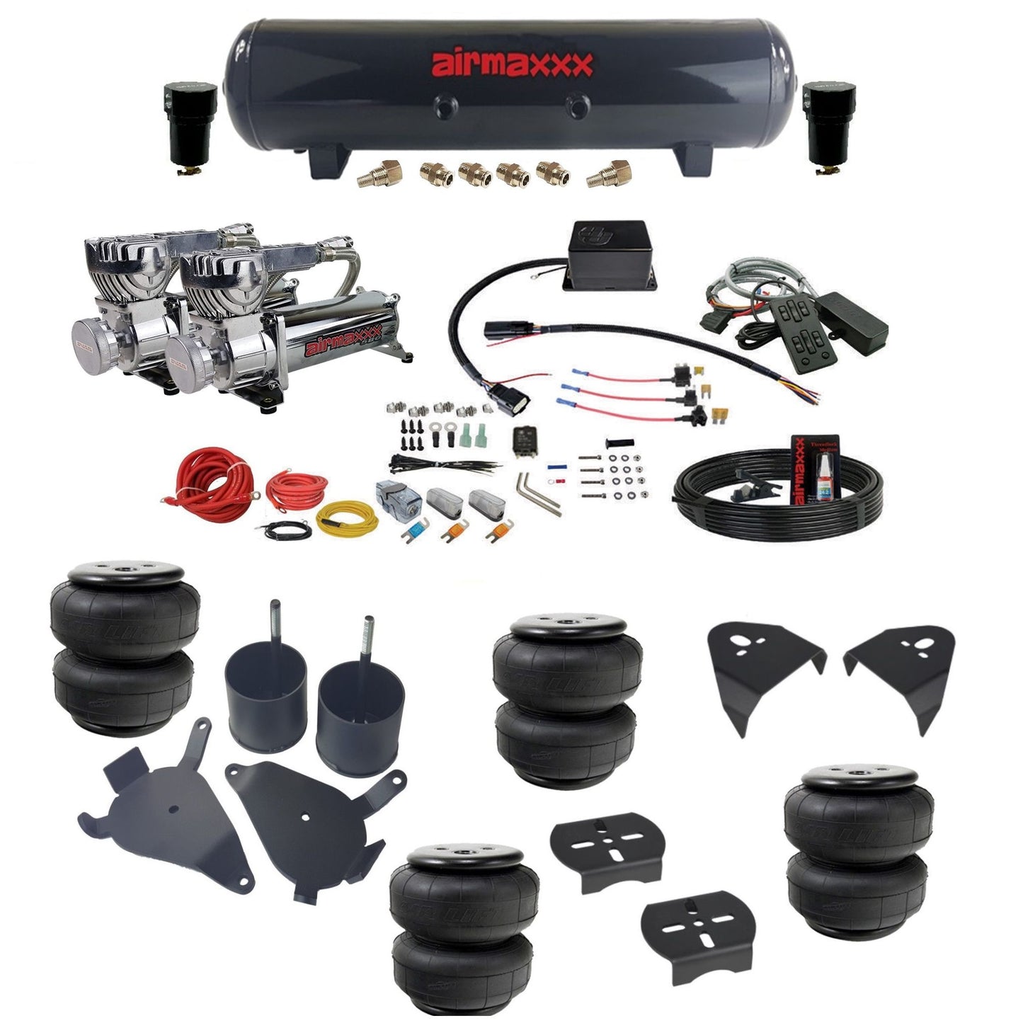 slam sv8c dual chrome 580 compressors steel tank airlift bags & airmaxxx brackets air suspension kit for 1982-2004 chevy s10/S15/Sonoma 2wd KS10-580C2-57S-SV8CMC1-WK-HFD25