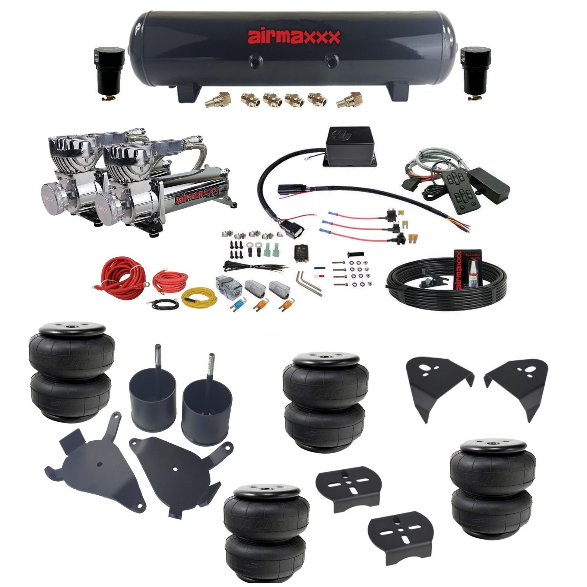 slam sv8c dual chrome 580 compressors steel tank airlift bags & airmaxxx brackets air suspension kit for 1982-2004 chevy s10/S15/Sonoma 2wd KS10-580C2-57S-SV8CMC1-WK-HFD25