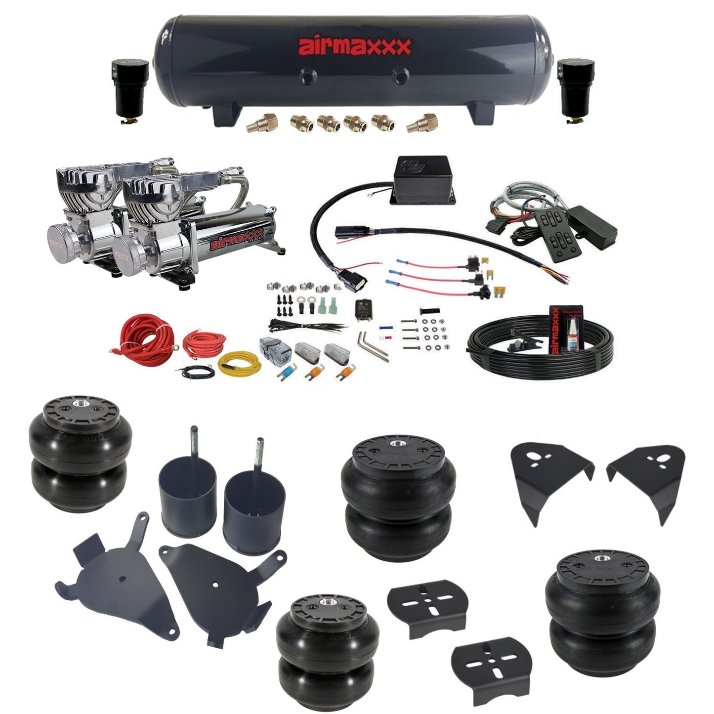 slam sv8c dual chrome 580 compressors steel tank slam bags & airmaxxx brackets air suspension kit for 1982-2004 chevy s10/S15/Sonoma 2wd KS10-580C2-57S-SV8CMC1-WK-HFSS6SS7