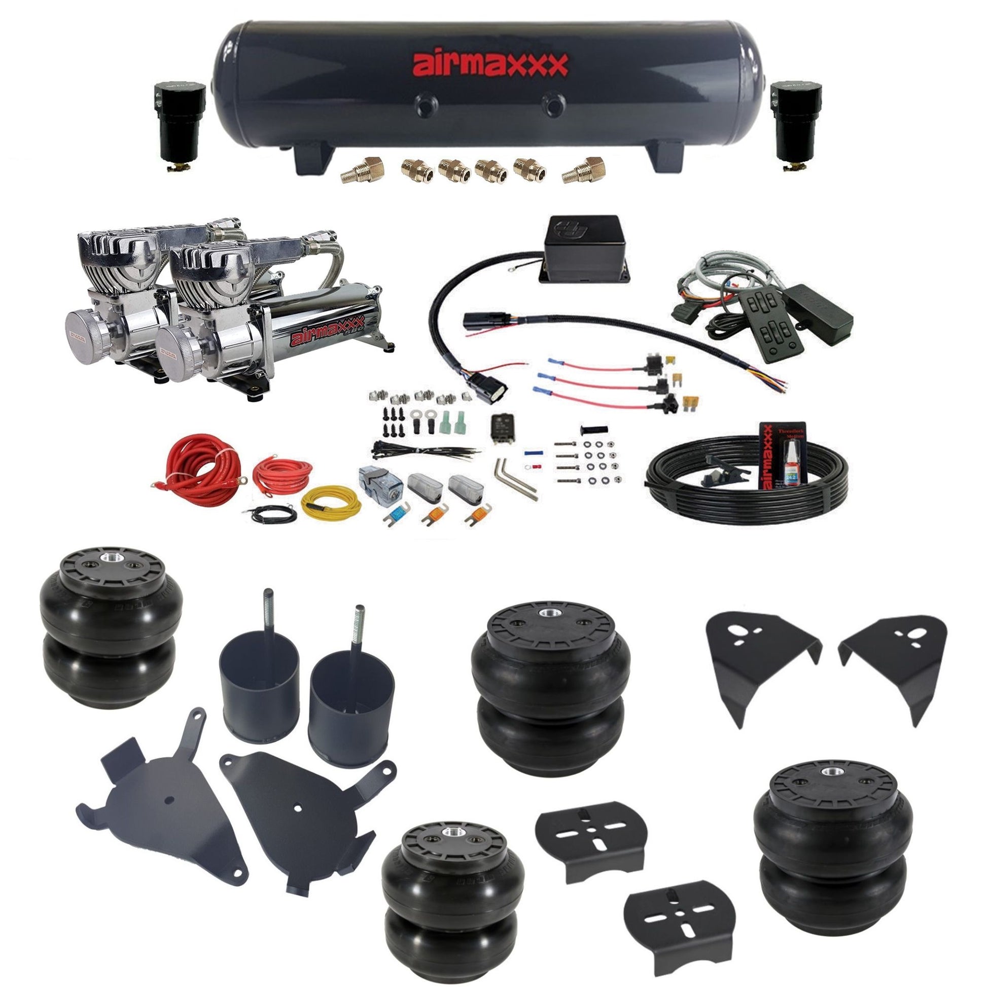 slam sv8c dual chrome 580 compressors steel tank slam bags & airmaxxx brackets air suspension kit for 1982-2004 chevy s10/S15/Sonoma 2wd KS10-580C2-57S-SV8CMC1-WK-HFSS6SS7
