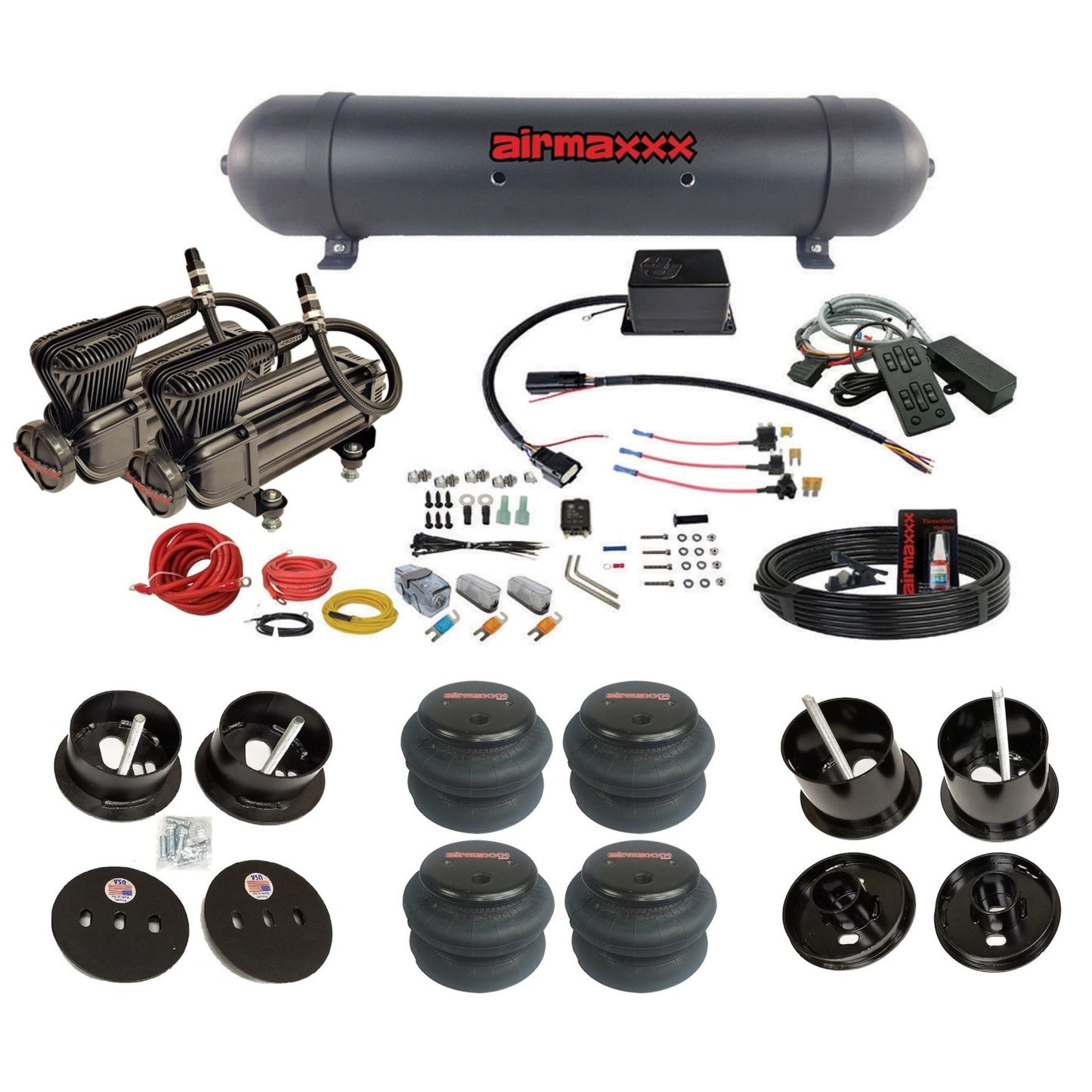 slam sv8c dual x-series compressors aluminum tank 2600 bags air suspension kit for 1961-62 cadillac deville K-CAD6162-XB2-57ABK-SV8C-MC1-WK-HF