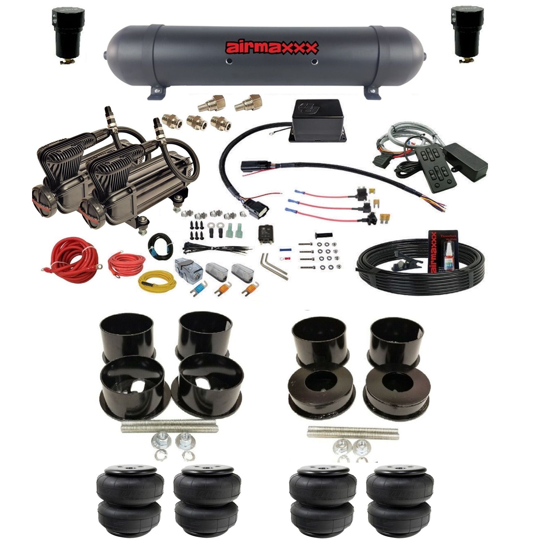 slam sv8c dual x-series compressors aluminum tank airlift bags air suspension kit for 1971-96 chevy impala KBBDY-XB2-57ABK-SV8CMC1-WK-HFD25