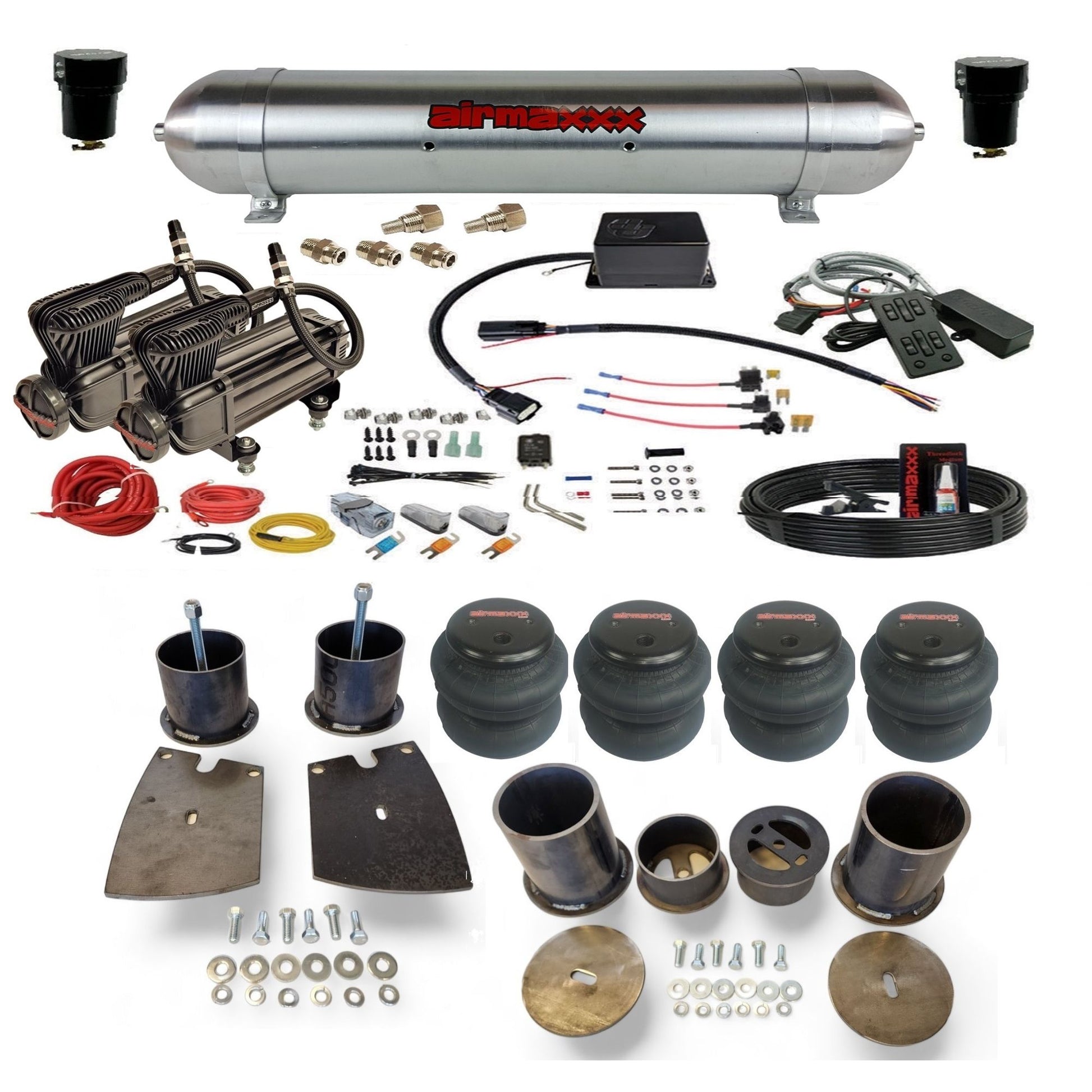 slam sv8c dual x-series compressors raw aluminum tank 2600 bags & airmaxxx brackets air suspension kit for 1961 buick lesabre KBUI61-XB2-57ARW-SV8CMC1-WK-HF