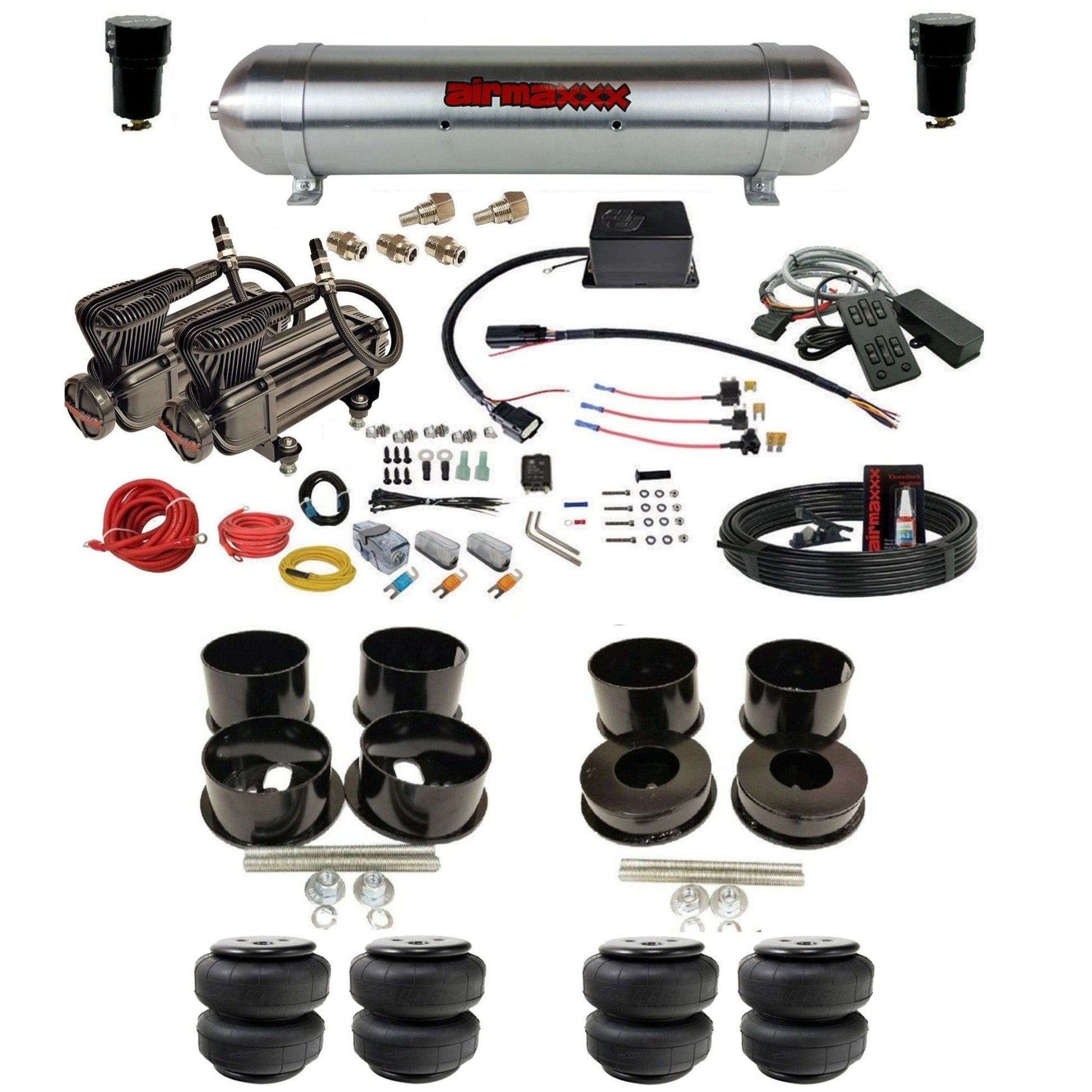 slam sv8c dual x-series compressors raw aluminum tank airlift bags air suspension kit for 1971-1996 chevy impala KBBDY-XB2-57ARW-SV8CMC1-WK-HFD25