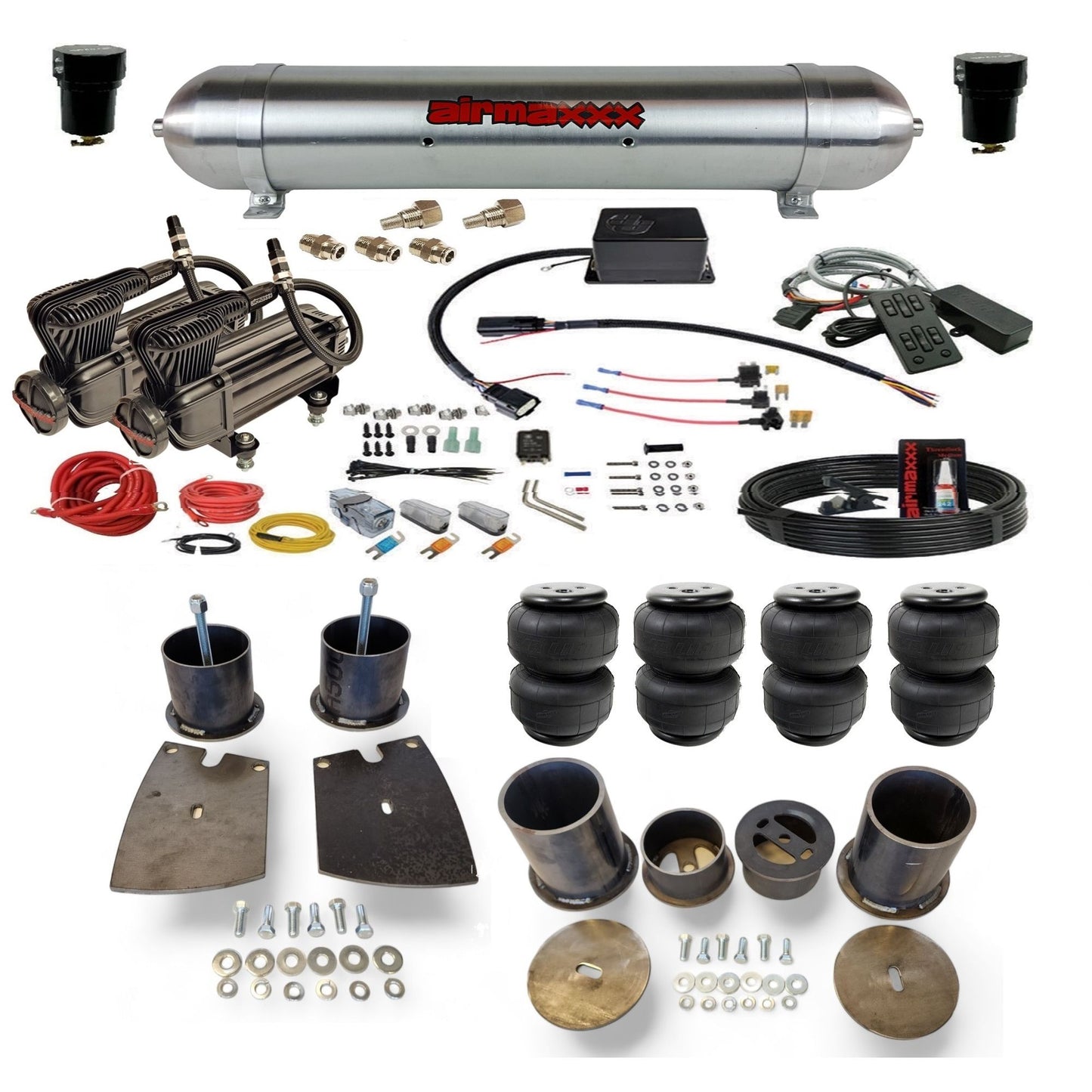 slam sv8c dual x-series compressors raw aluminum tank airlift bags & airmaxxx brackets air suspension kit for 1961 buick lesabre BUI61-XB2-57ARW-SV8CMC1-WK-HFD25