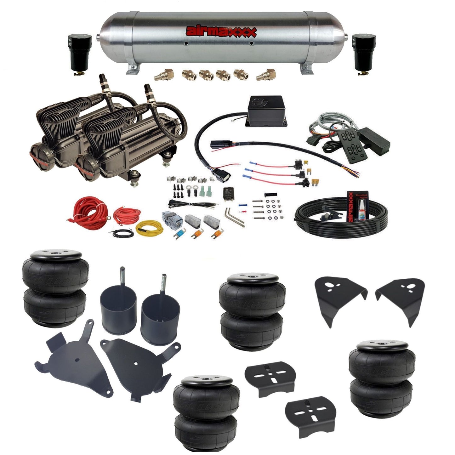 slam sv8c dual x-series compressors raw aluminum tank airlift bags & airmaxxx brackets air suspension kit for 1982-2004 chevy s10/S15/Sonoma 2wd KS10-XB2-57ARW-SV8CMC1-WK-HFD25
