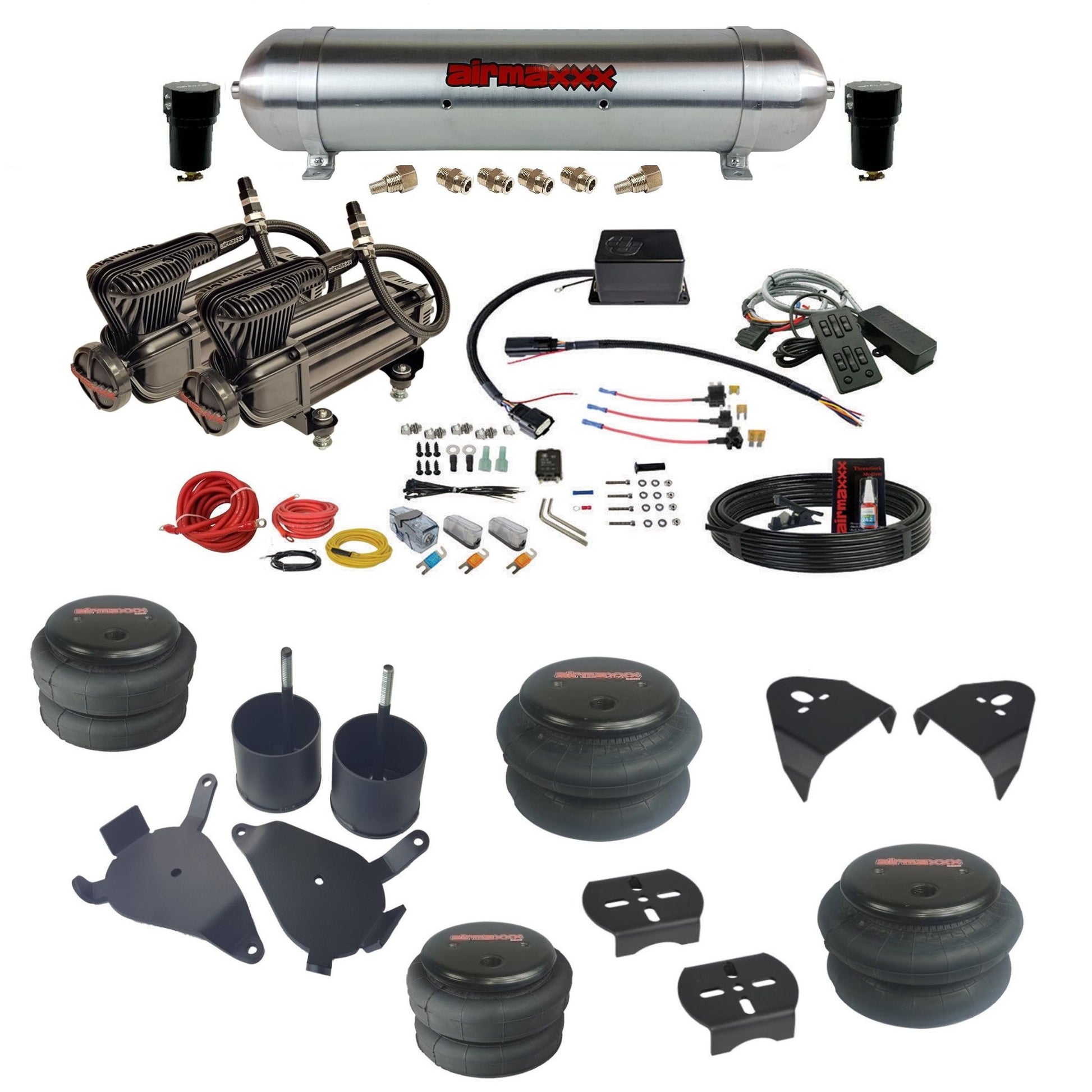 slam sv8c dual x-series compressors raw aluminum tank bags & airmaxxx brackets air suspension kit for 1982-2004 chevy s10/S15/Sonoma 2wd KS10-XB2-57ARW-SV8CMC1-WK-HF