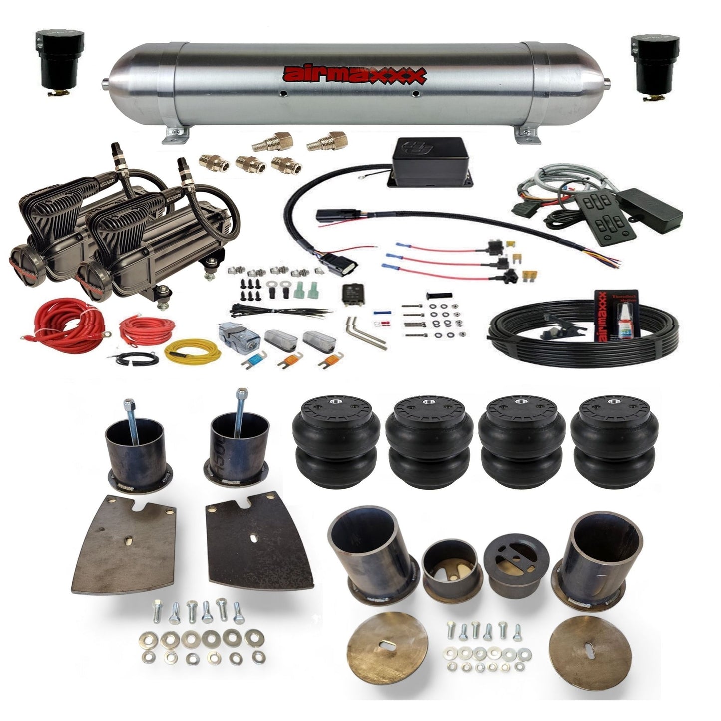 slam sv8c dual x-series compressors raw aluminum tank slam bags & airmaxxx brackets air suspension kit for 1961 buick lesabre KBUI61-XB2-57ARW-SV8CMC1-WK-HFSS7
