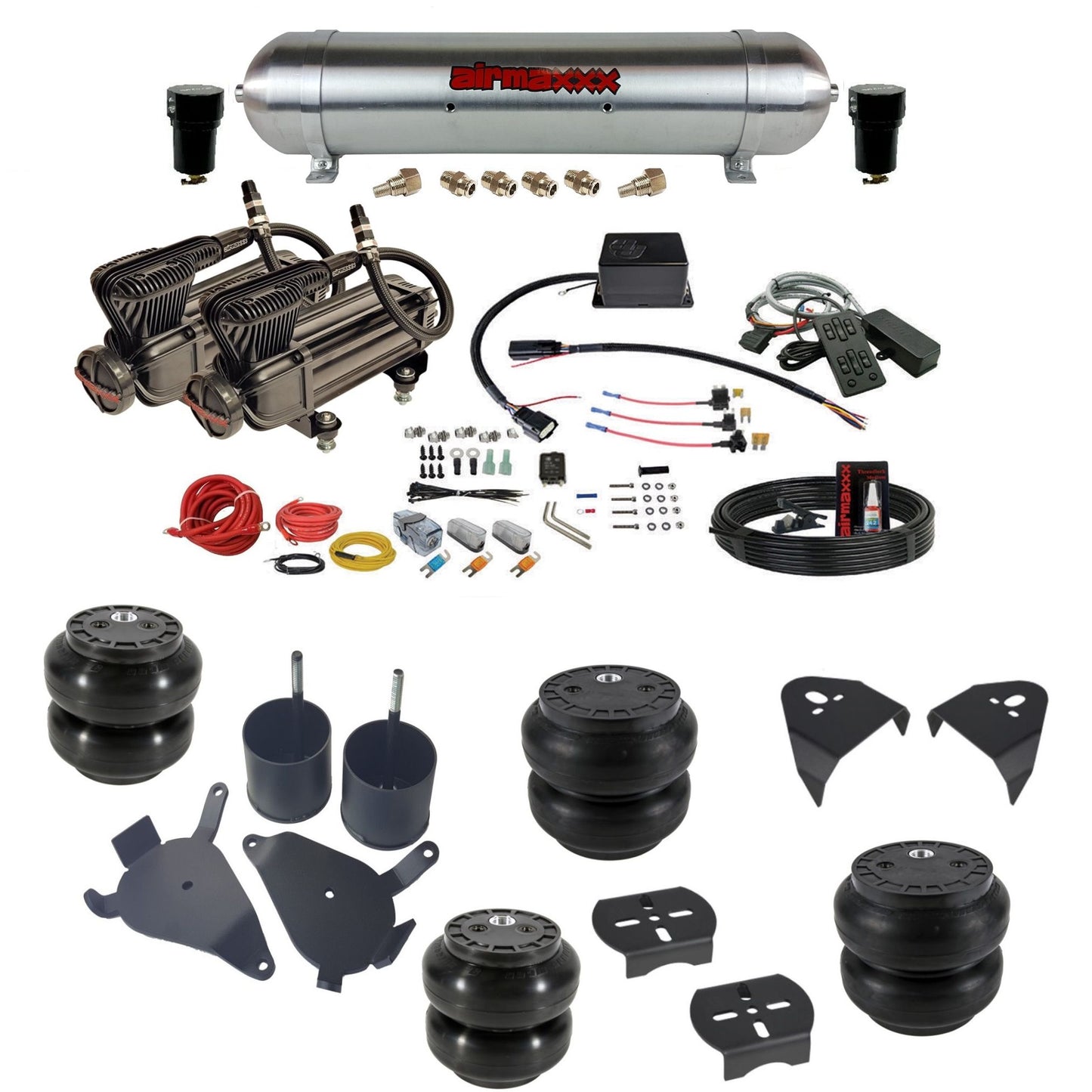 slam sv8c dual x-series compressors raw aluminum tank slam bags & airmaxxx brackets air suspension kit for 1982-2004 chevy s10/S15/Sonoma 2wd KS10-XB2-57ARW-SV8CMC1-WK-HFSS6SS7