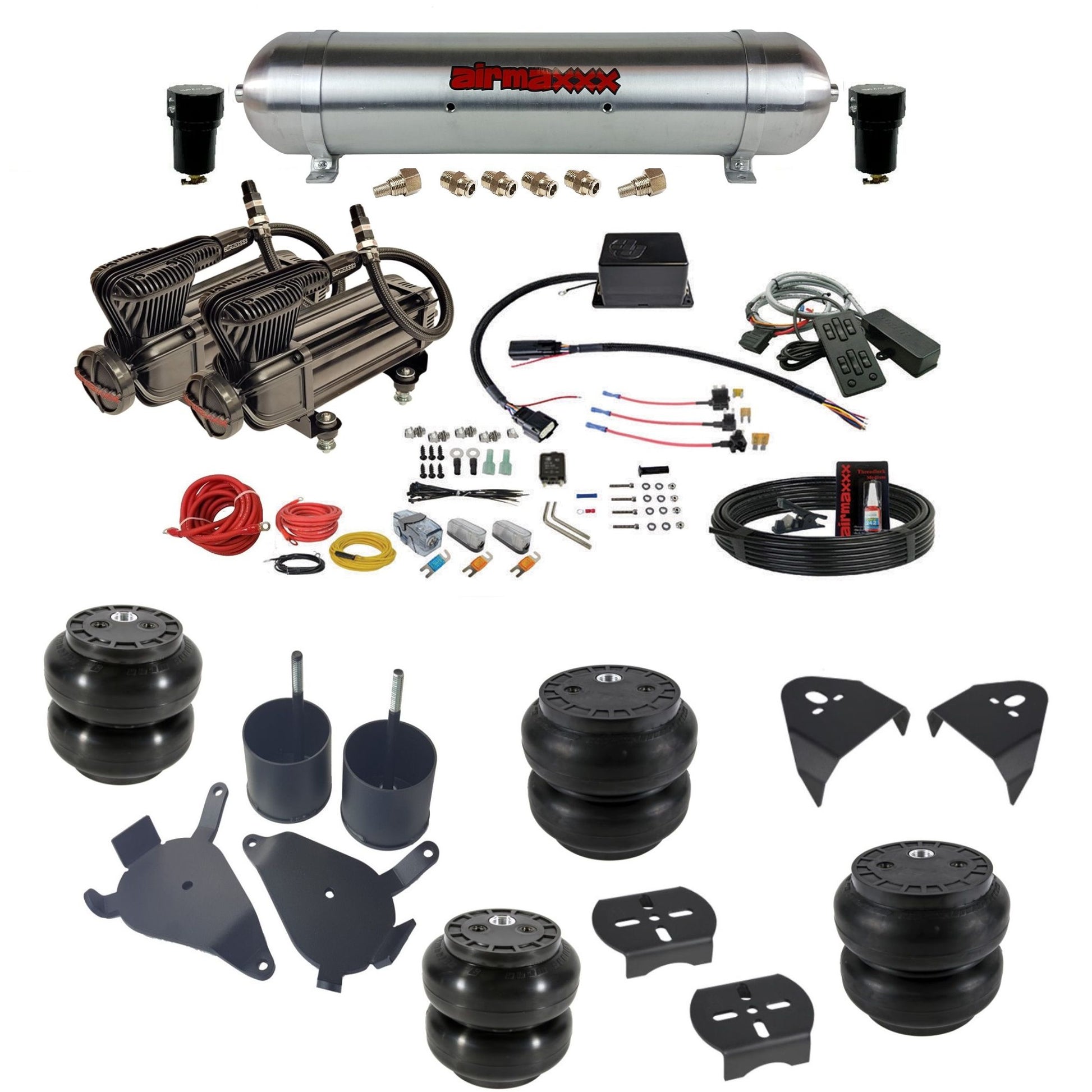slam sv8c dual x-series compressors raw aluminum tank slam bags & airmaxxx brackets air suspension kit for 1982-2004 chevy s10/S15/Sonoma 2wd KS10-XB2-57ARW-SV8CMC1-WK-HFSS6SS7