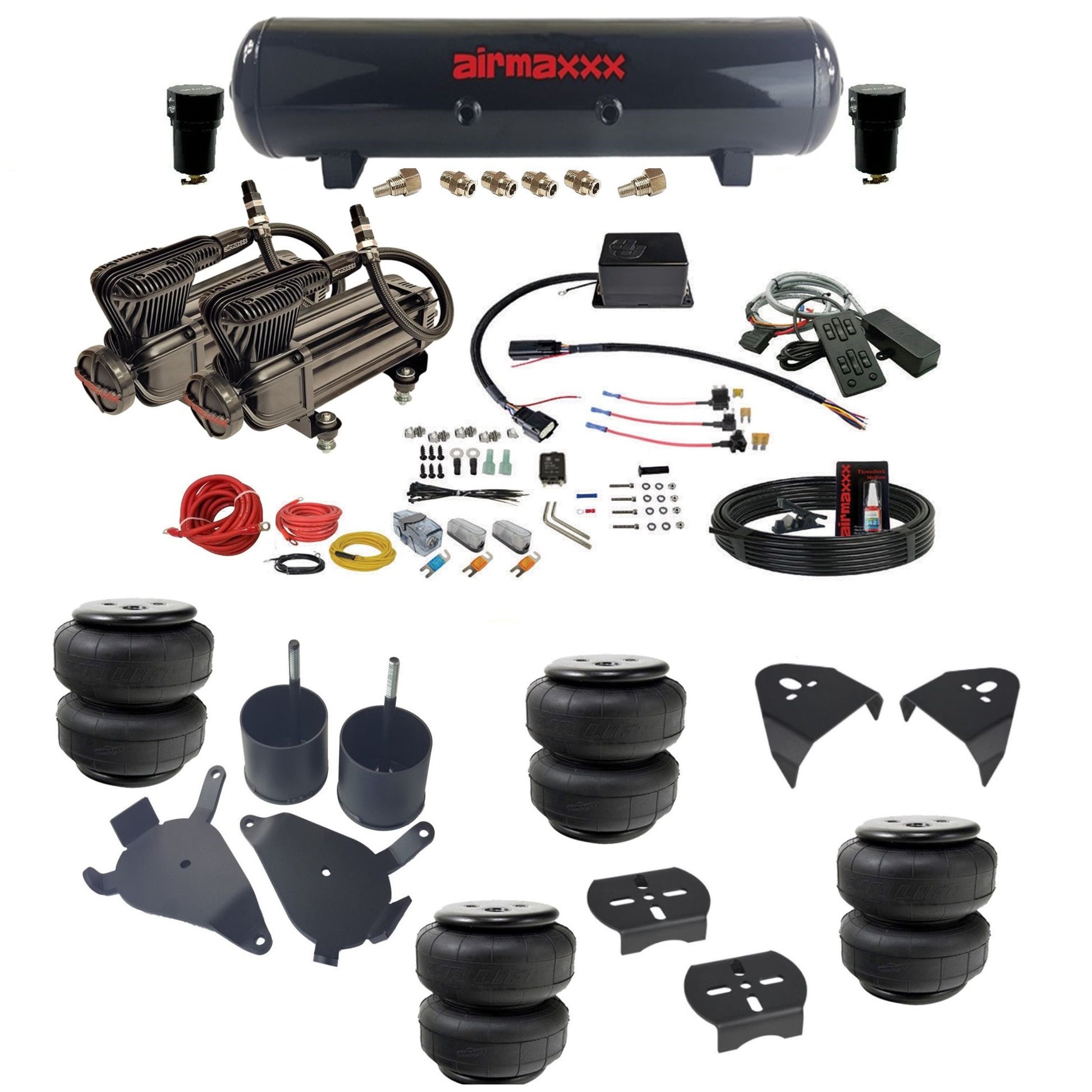 slam sv8c dual x-series compressors steel tank airlift bags & airmaxxx brackets air suspension kit for 1982-2004 chevy s10/S15/Sonoma 2wd KS10-XB2-57S-SV8CMC1-WK-HFD25