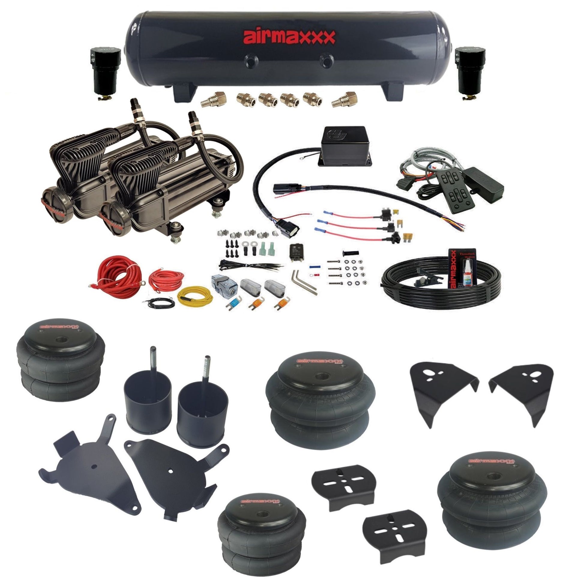 slam sv8c dual x-series compressors steel tank bags & airmaxxx brackets air suspension kit for 1982-2004 chevy s10/S15/Sonoma 2wd KS10-XB2-57S-SV8CMC1-WK-HF