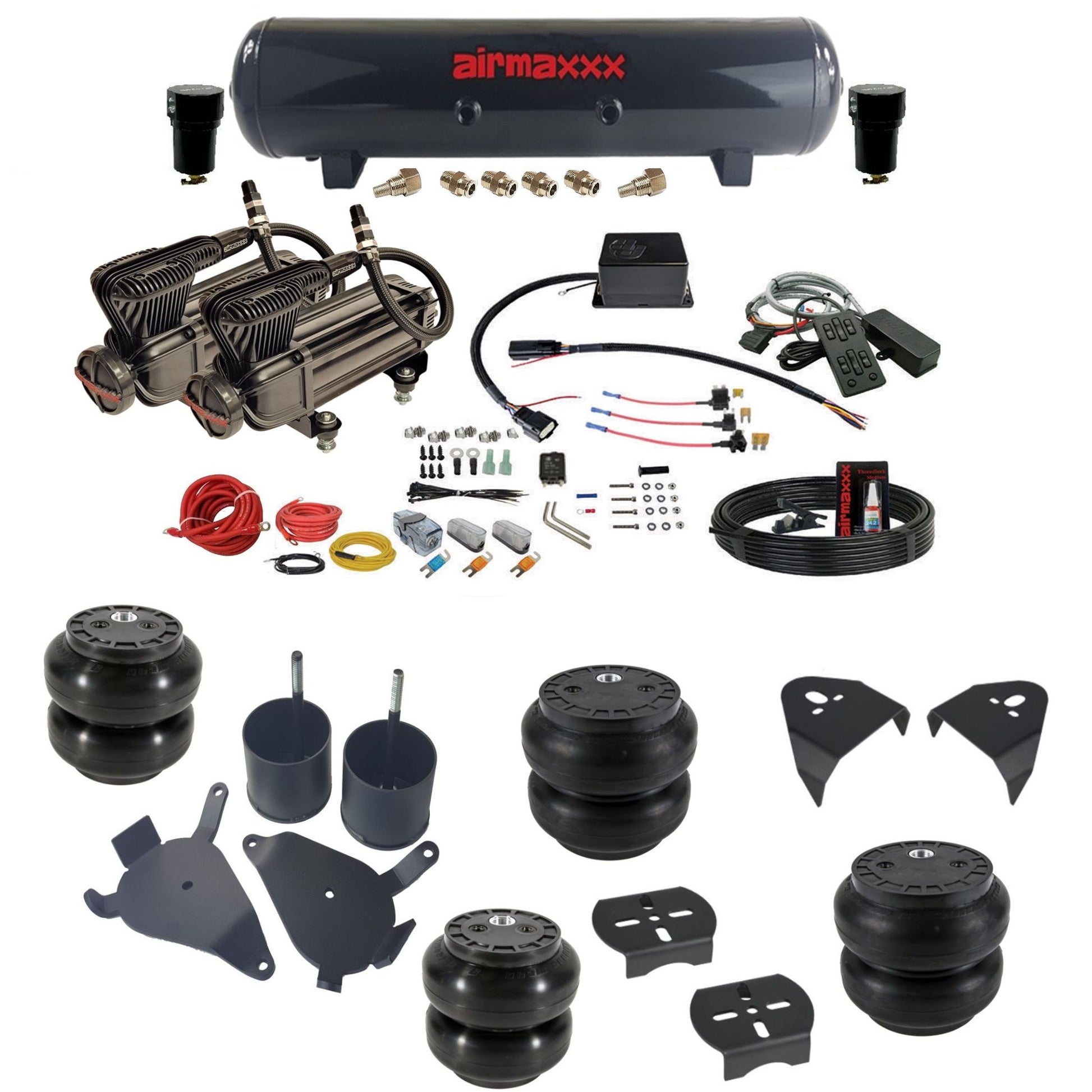 slam sv8c dual x-series compressors steel tank slam bags & airmaxxx brackets air suspension kit for 1982-2004 chevy s10/S15/Sonoma 2wd KS10-XB2-57S-SV8CMC1-WK-HFSS6SS7