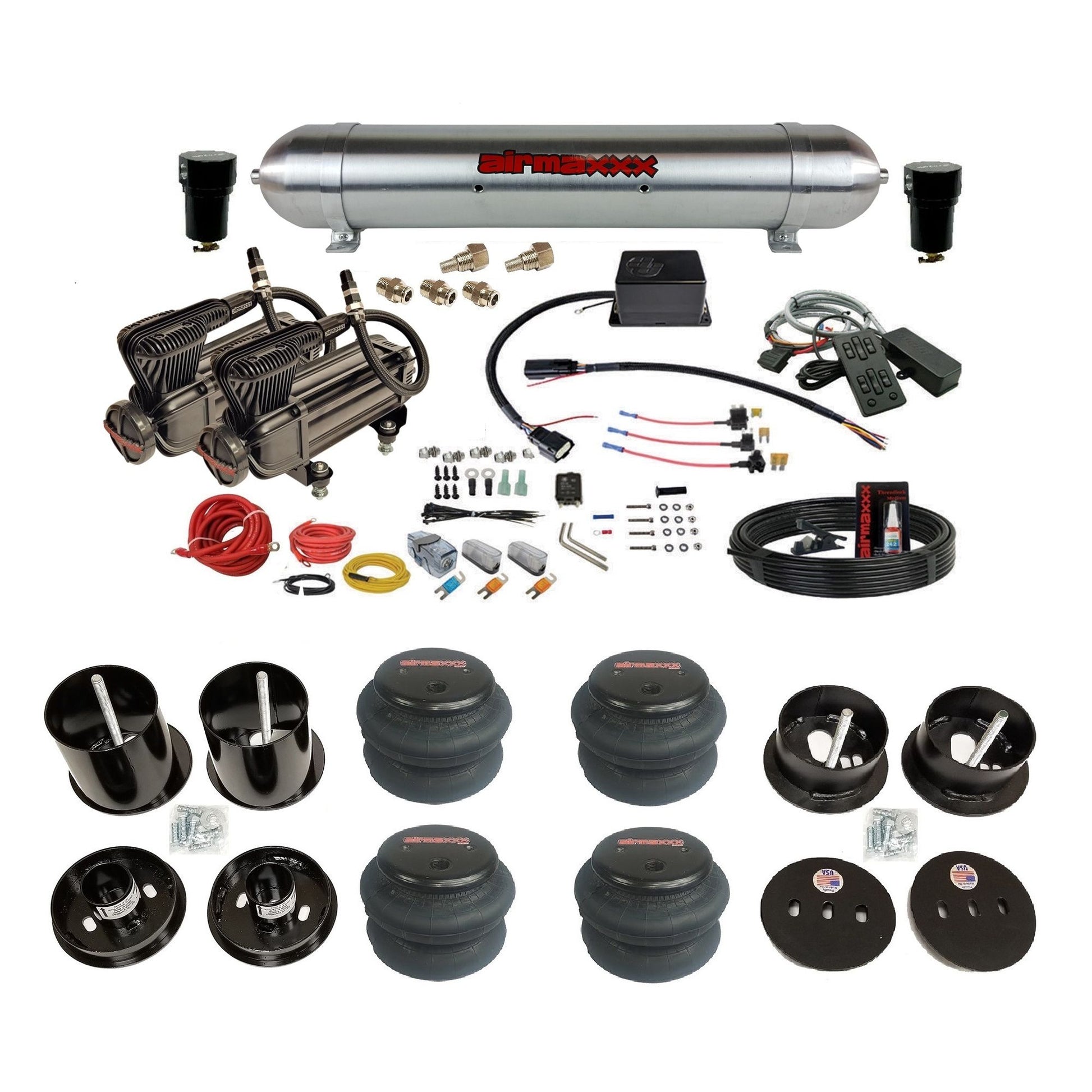 slam sv8c x-series compressors raw aluminum tank 2600 bags air suspension kit for 1963-1964 cadillac deville KCAD63-XB2-57ARW-SV8CMC1-WK-HF