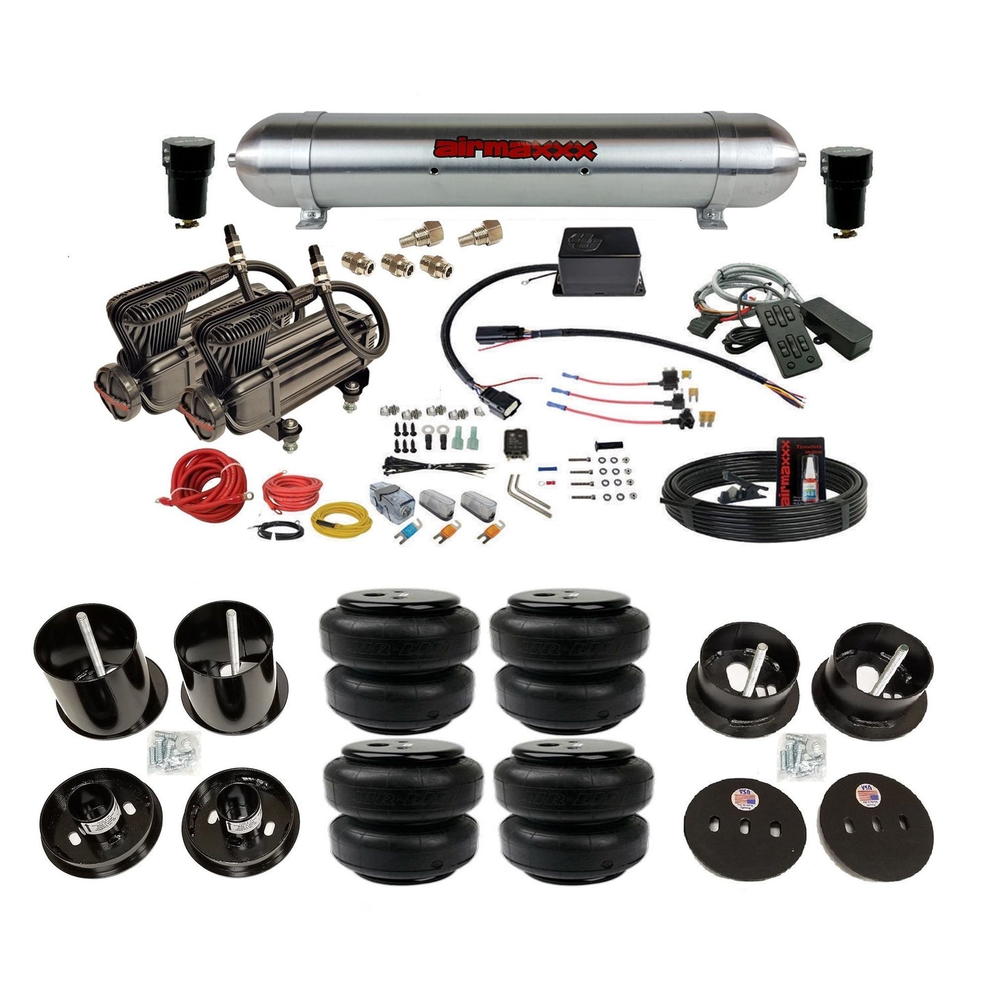 slam sv8c x-series compressors raw aluminum tank airlift bags air suspension kit for 1963-1964 cadillac deville KCAD63-XB2-57ARW-SV8CMC1-WK-HFD25