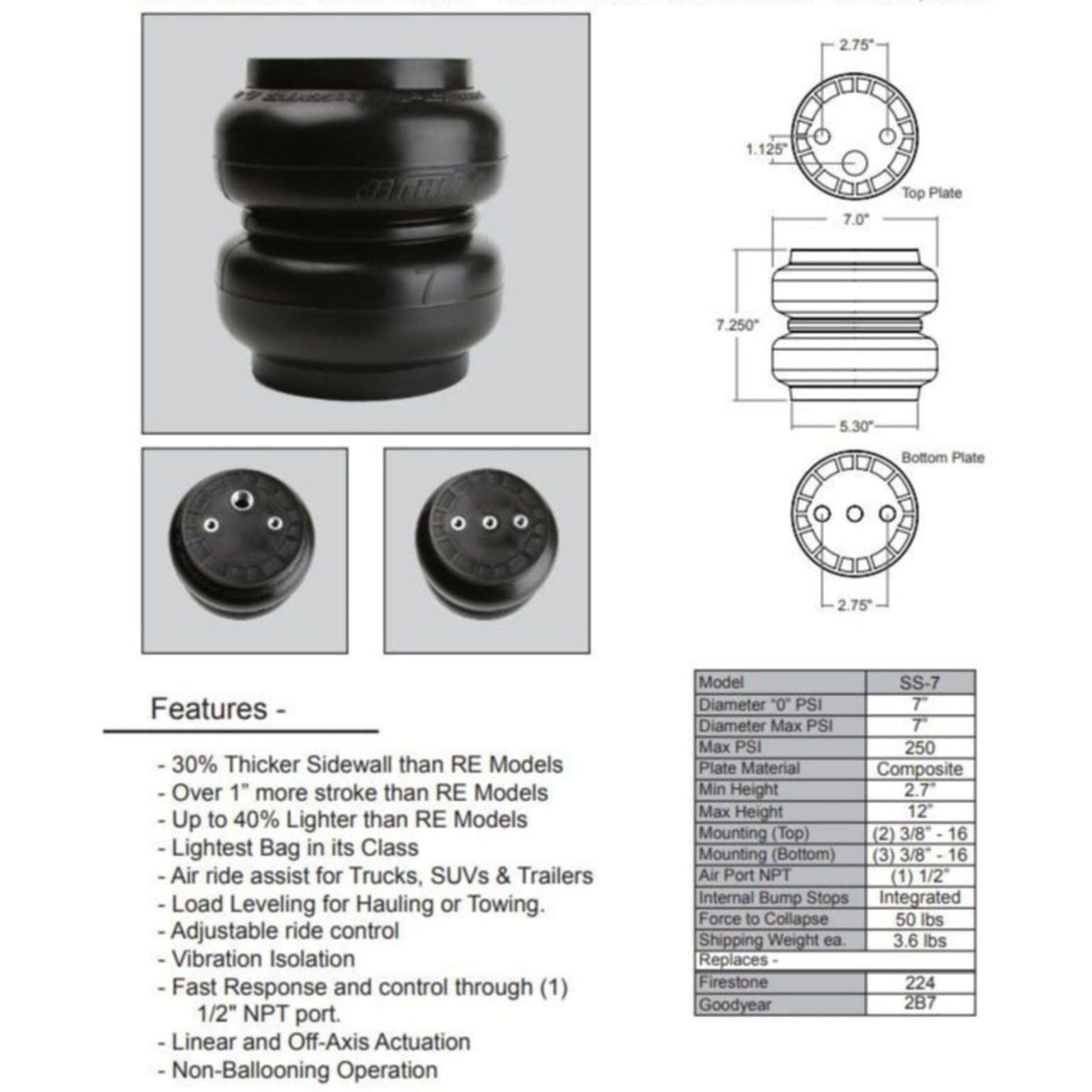 ss7 dims non ballooning air bag with internal bumpstops