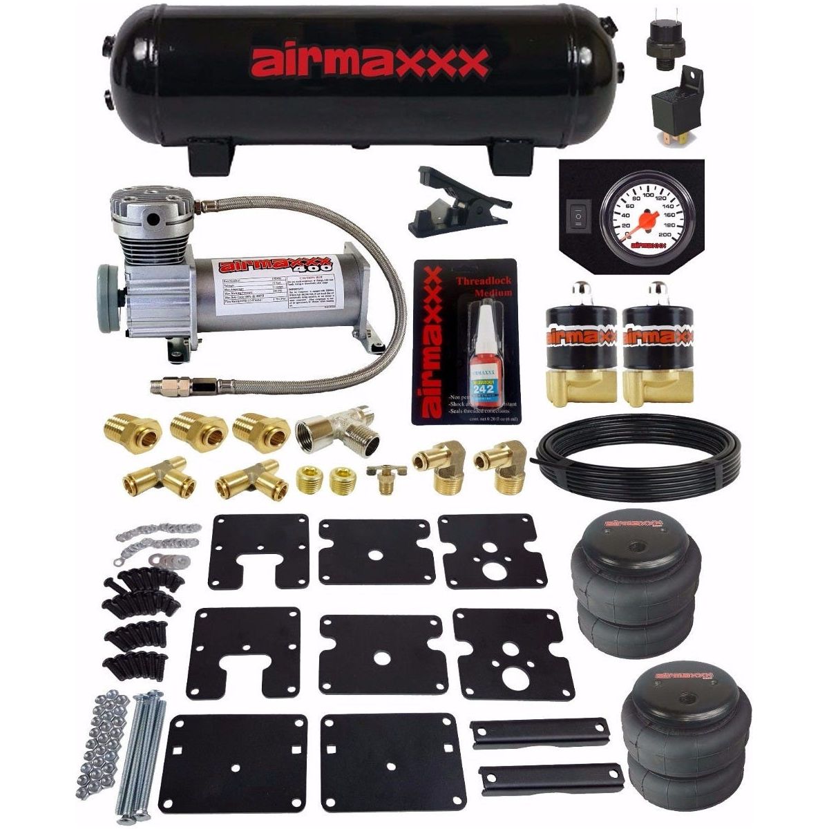airmaxxx Air OverLoad Tow Kit No Drill 99-06 Silverado 1500 w/ Compressor, Air Gauge & Tank