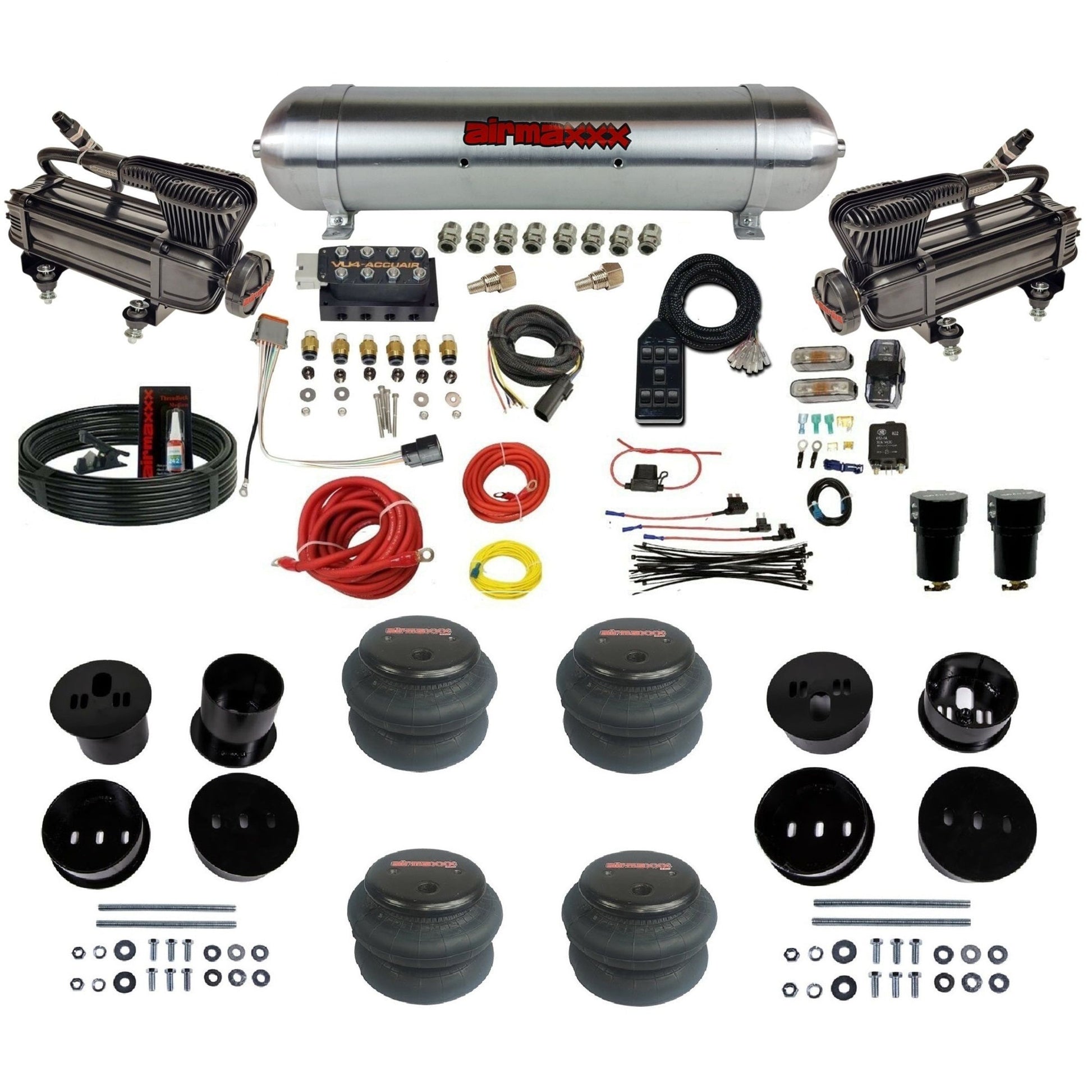 x-series dual compressors raw aluminum tank 2600 bags air ride kit for 1958-1960 cadillac KCAD58-XB2-57ARW-VU4-7BK-WK-HF