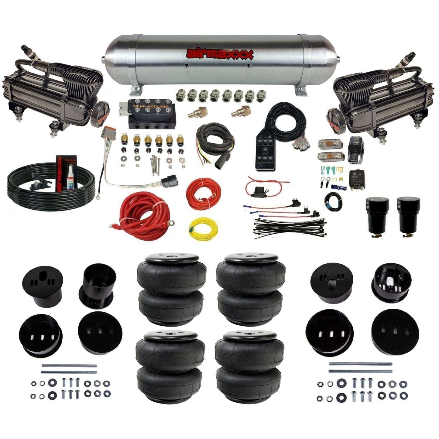 x-series dual compressors raw aluminum tank airlift bags air ride kit for 1958-1960 cadillac KCAD58-XB2-57ARW-VU4-7BK-WK-HFD25