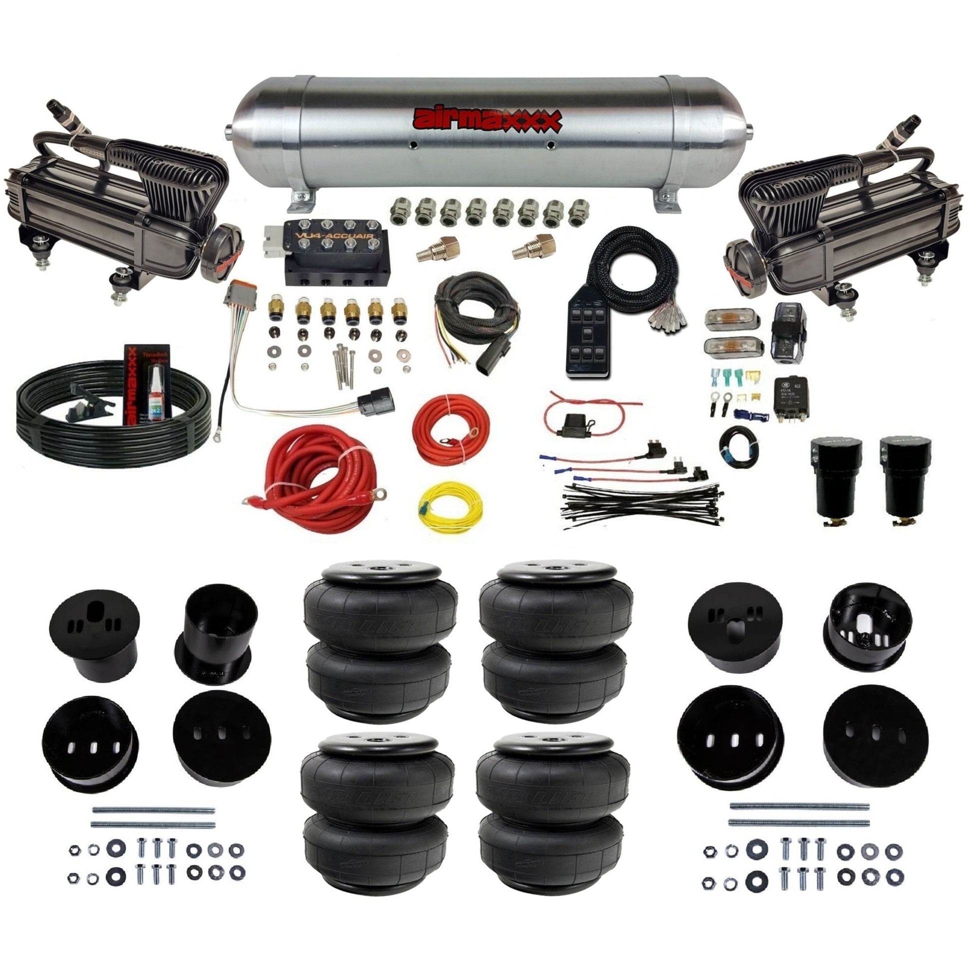 x-series dual compressors raw aluminum tank airlift bags air ride kit for 1958-1960 cadillac KCAD58-XB2-57ARW-VU4-7BK-WK-HFD25