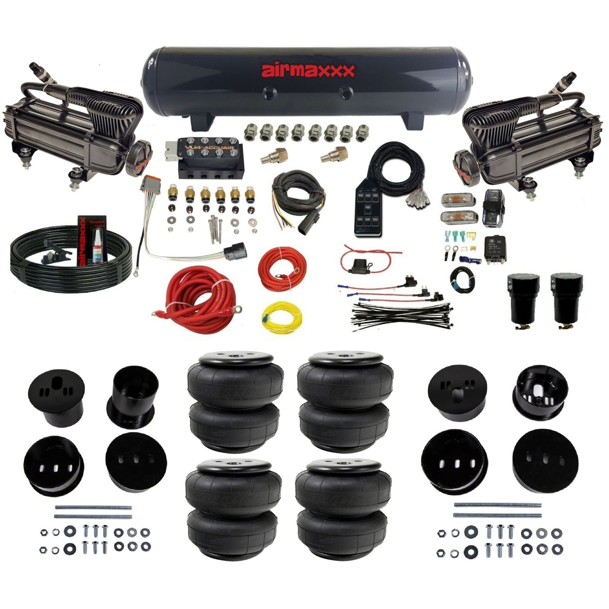 x-series dual compressors steel tank airlift bags air ride kit for 1958-1960 cadillac CAD58-XB2-57S-VU4-7BK-WK-HFD25