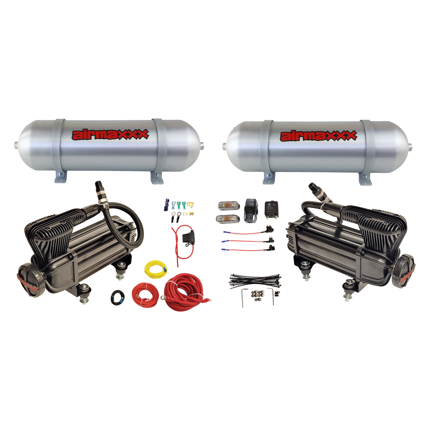 airmaxxx X-Series Dual Pack Fastest Air Compressor Wire Kit With Tank Of Your Choice-2-3/6 brushed aluminum